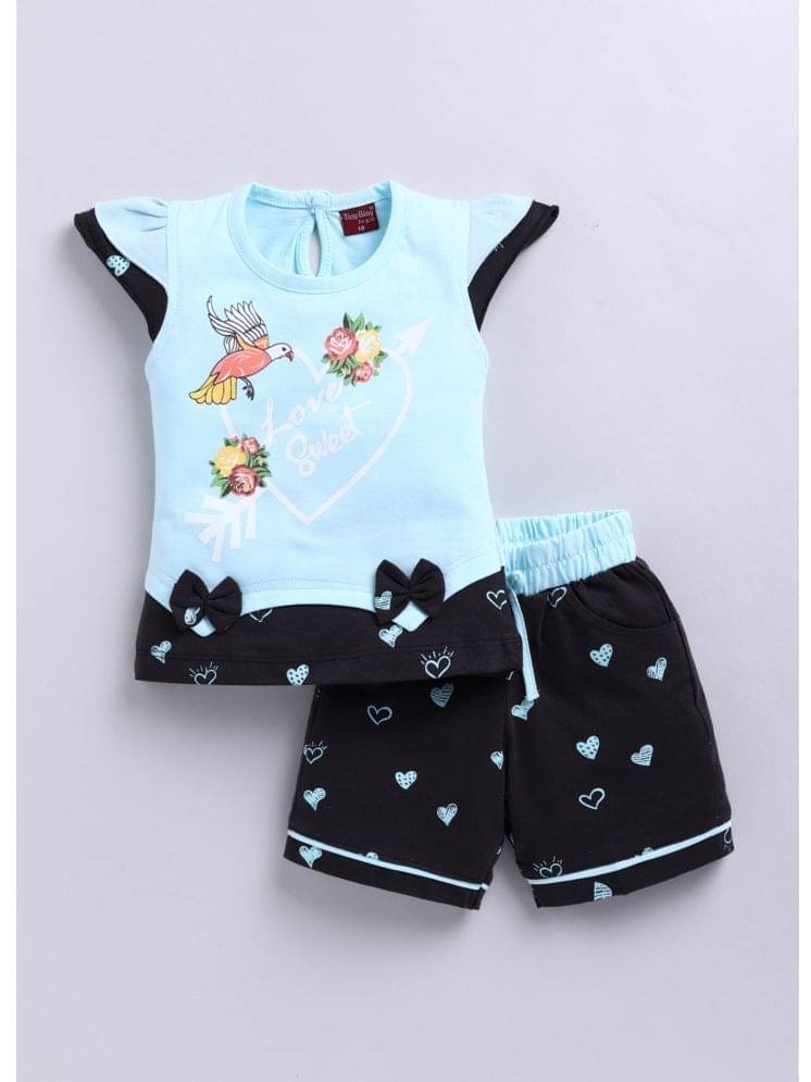     			TINY BINY Pack of 1 Girls Cotton Top With Shorts ( Light Blue )