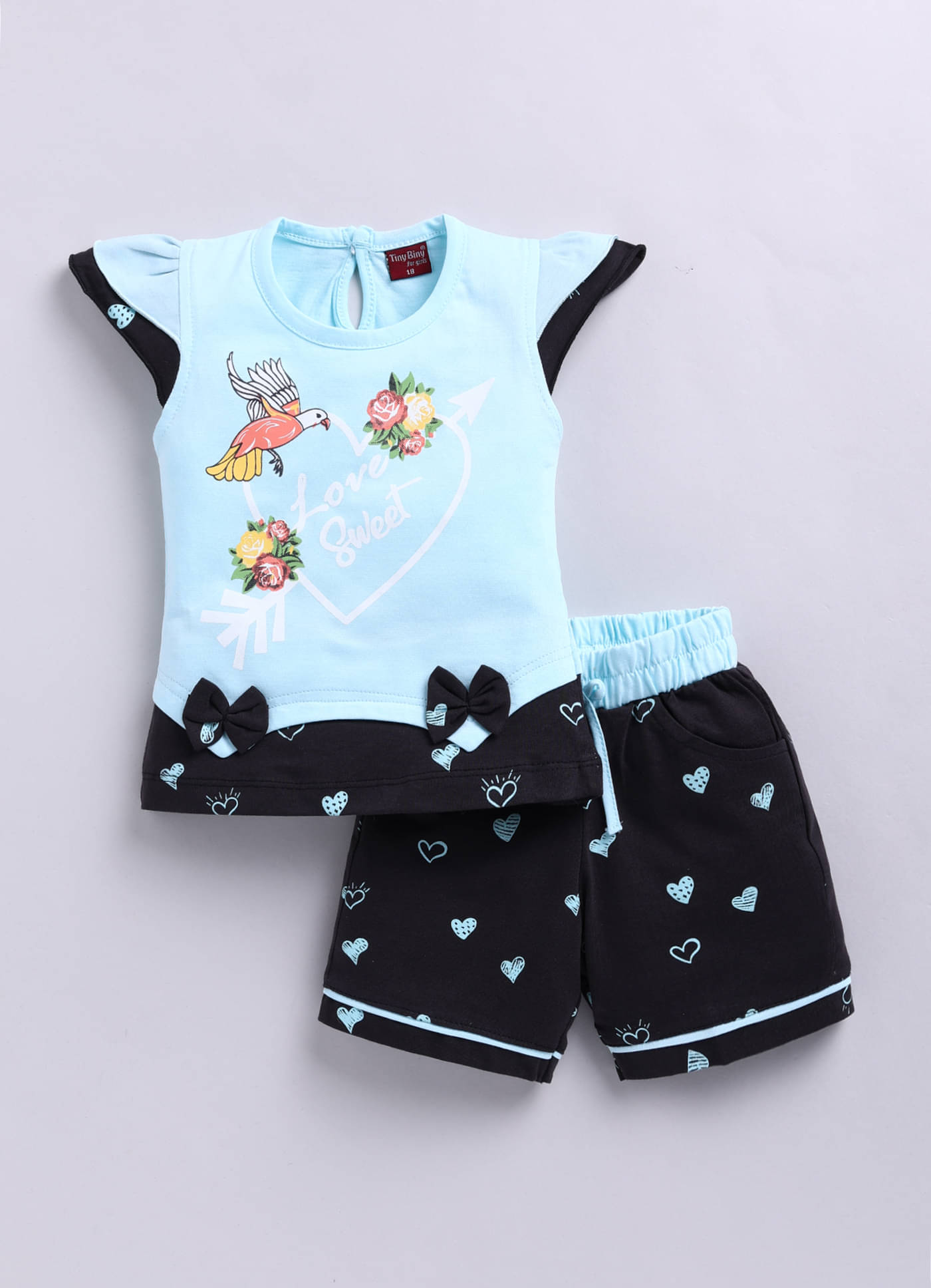     			TINY BINY Pack of 1 Girls Cotton Top With Shorts ( Light Blue )