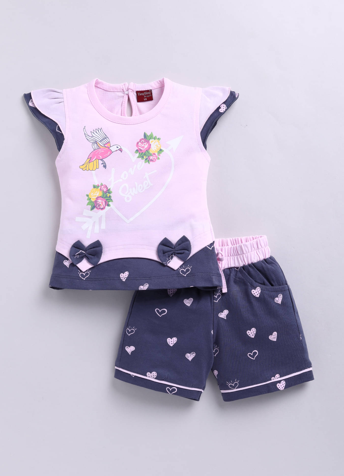     			TINY BINY Pack of 1 Girls Cotton Top With Shorts ( Light Pink )