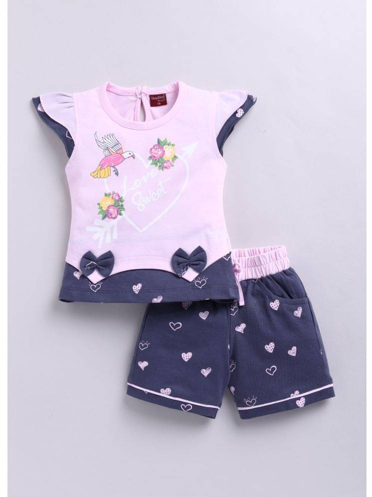    			TINY BINY Pack of 1 Girls Cotton Top With Shorts ( Light Pink )