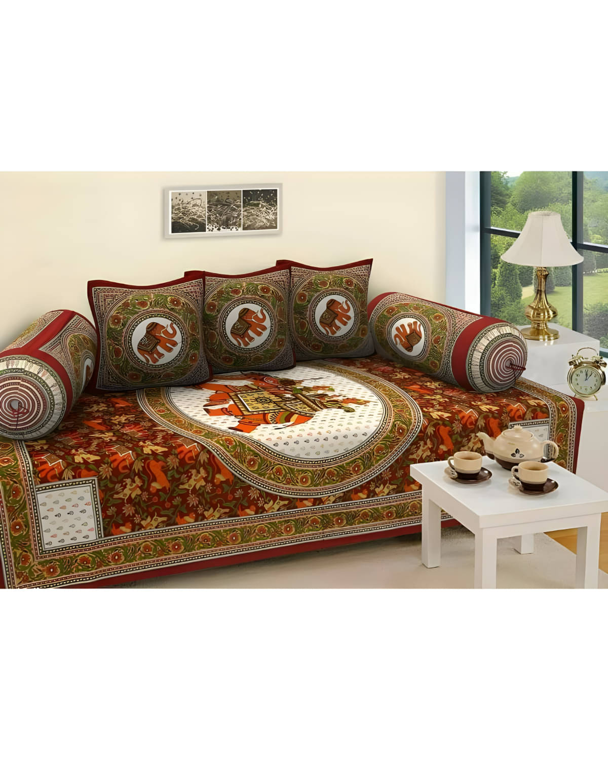 UrbanArts Cotton Abstract Printed Diwan Set 6 Pcs - Maroon UrbanArts Cotton Abstract Printed Diwan Set 6 Pcs - Maroon