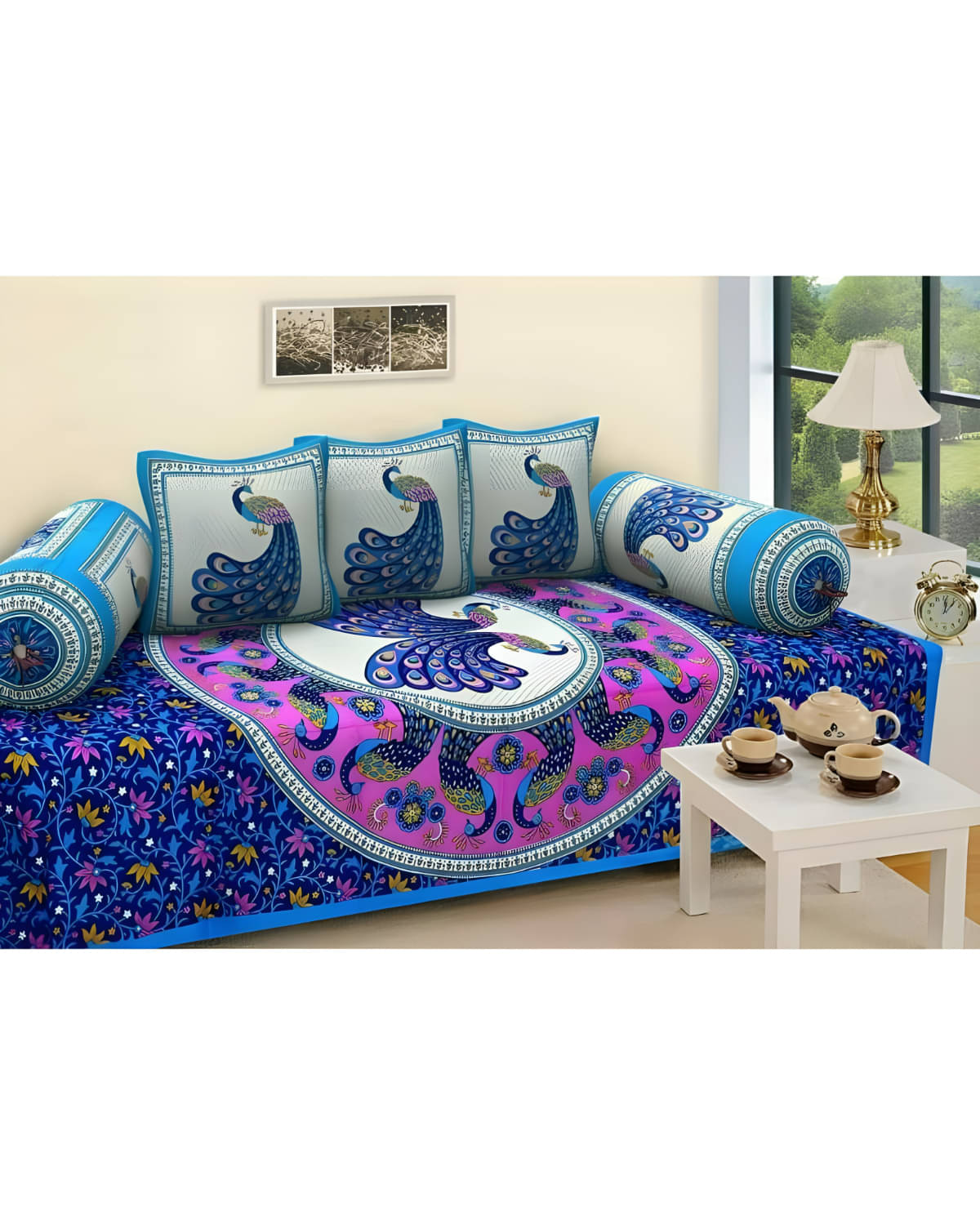     			UrbanArts Cotton Abstract Printed Diwan Set 6 Pcs - Cream