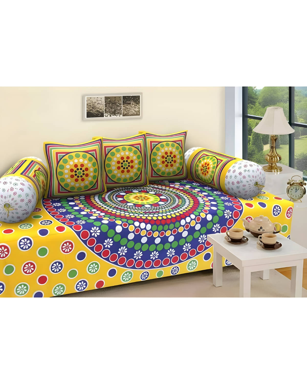     			UrbanArts Cotton Abstract Printed Diwan Set 6 Pcs - Yellow
