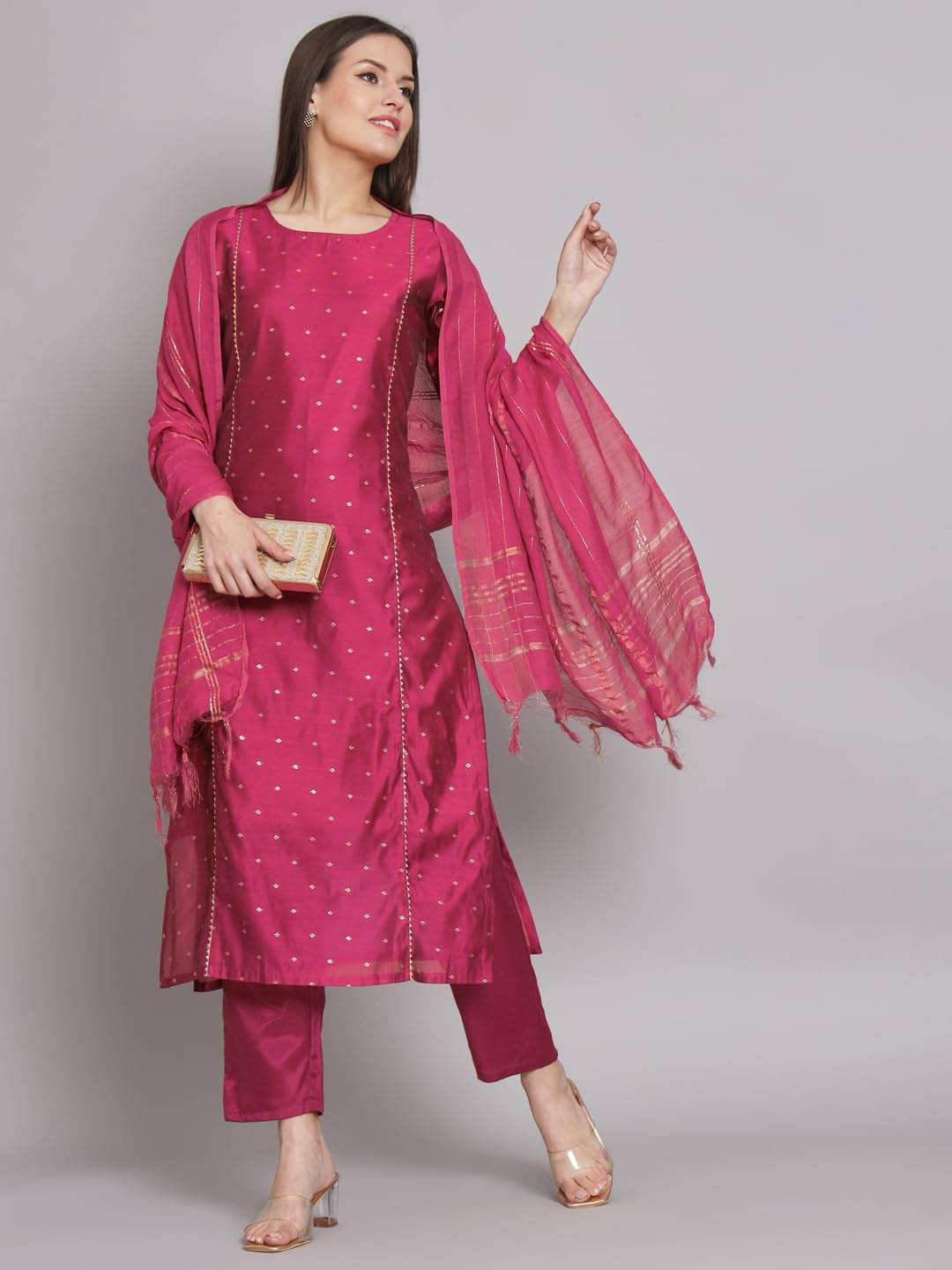 VredeVogel Chanderi Self Design Kurti With Pants Women's Stitched Salwar Suit - Pink ( Pack of 1 ) VredeVogel Chanderi Self Design Kurti With Pants Women's Stitched Salwar Suit - Pink ( Pack of 1 )