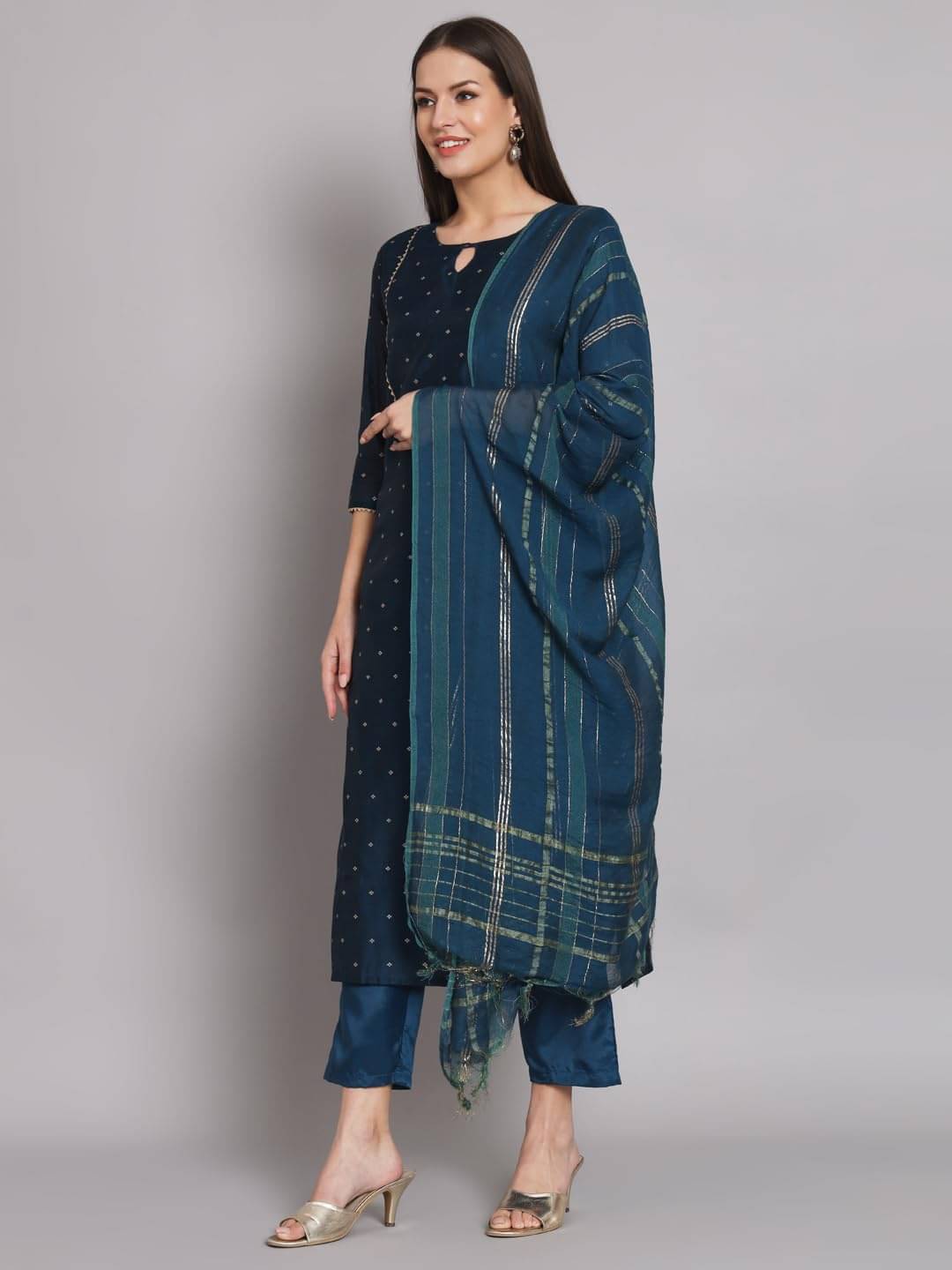     			VredeVogel Chanderi Self Design Kurti With Pants Women's Stitched Salwar Suit - Blue ( Pack of 1 )