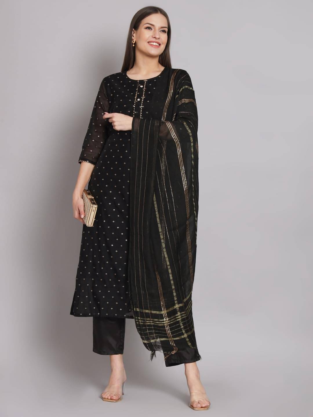     			VredeVogel Chanderi Self Design Kurti With Pants Women's Stitched Salwar Suit - Black ( Pack of 1 )
