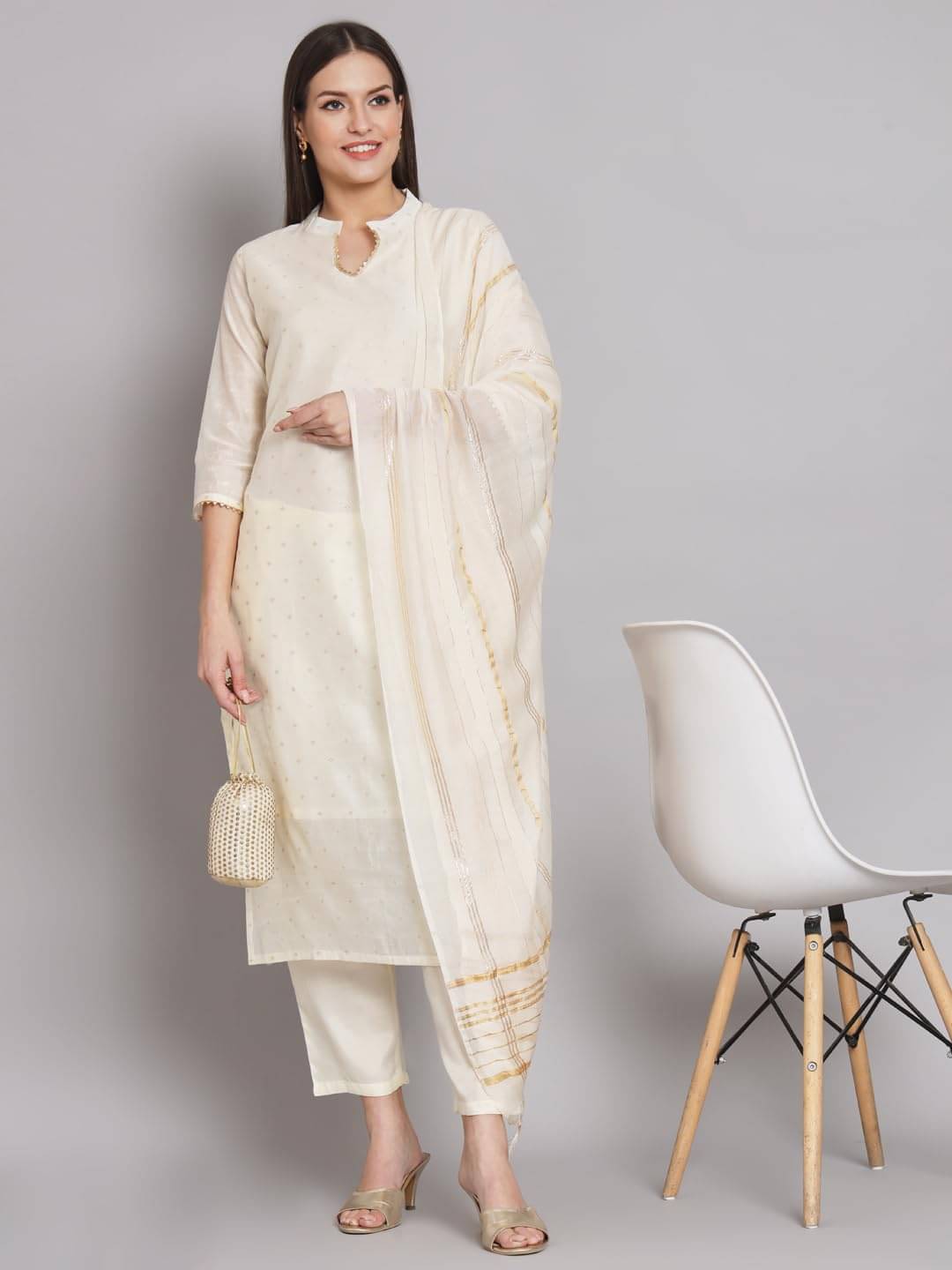     			VredeVogel Chanderi Self Design Kurti With Pants Women's Stitched Salwar Suit - White ( Pack of 1 )