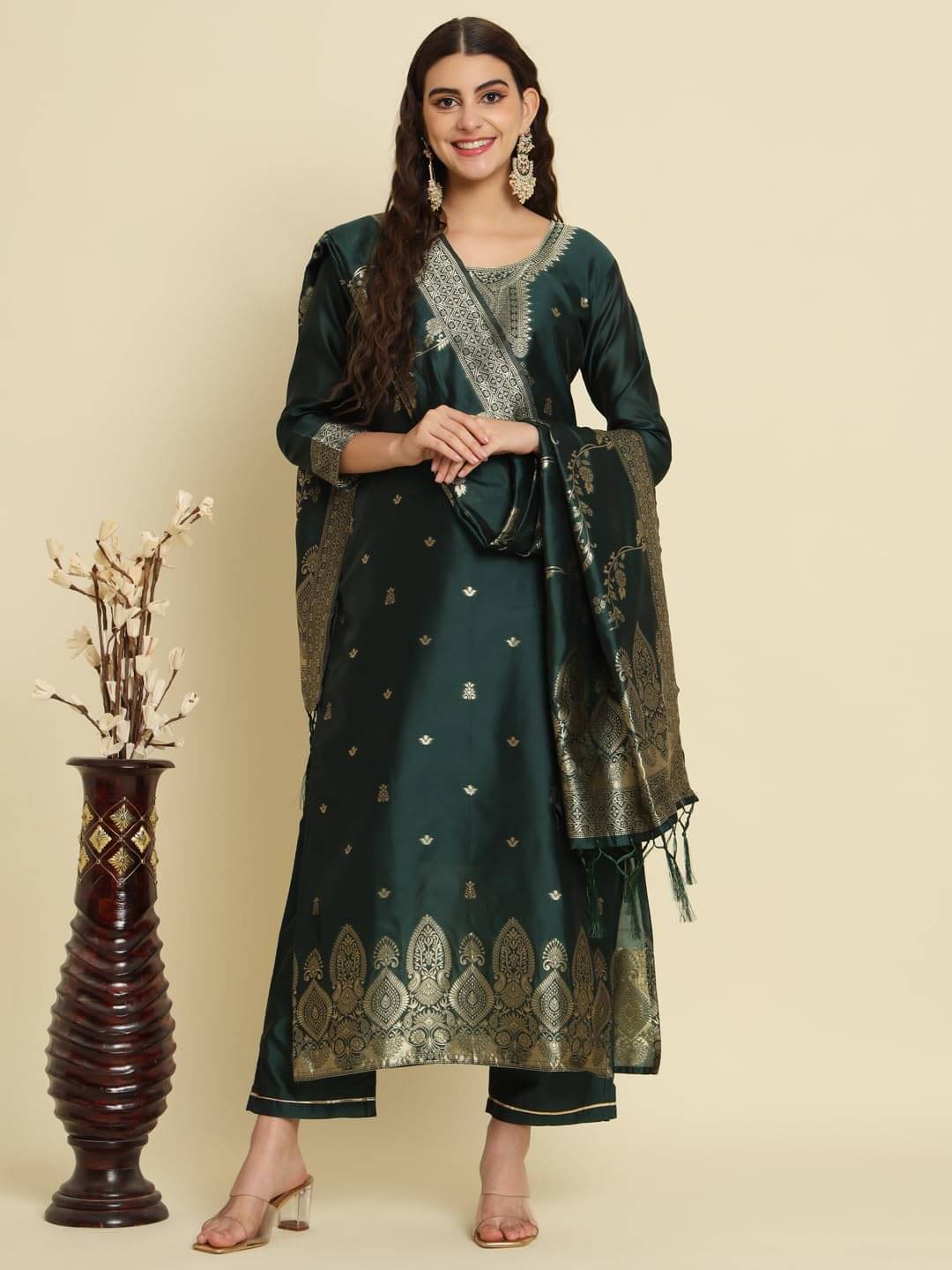 VredeVogel Cotton Blend Self Design Kurti With Pants Women's Stitched Salwar Suit - Green ( Pack of 1 ) VredeVogel Cotton Blend Self Design Kurti With Pants Women's Stitched Salwar Suit - Green ( Pack of 1 )