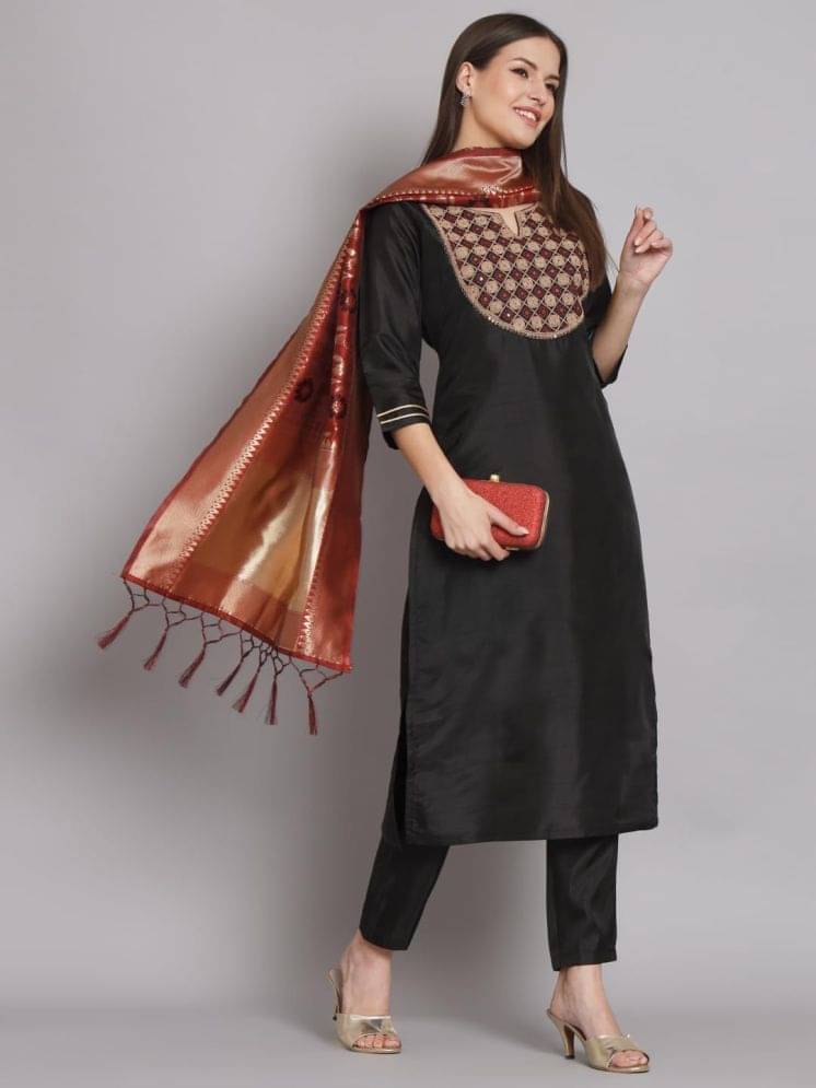 VredeVogel Cotton Silk Embroidered Kurti With Pants Women's Stitched Salwar Suit - Black ( Pack of 1 )     			VredeVogel Cotton Silk Embroidered Kurti With Pants Women's Stitched Salwar Suit - Black ( Pack of 1 )