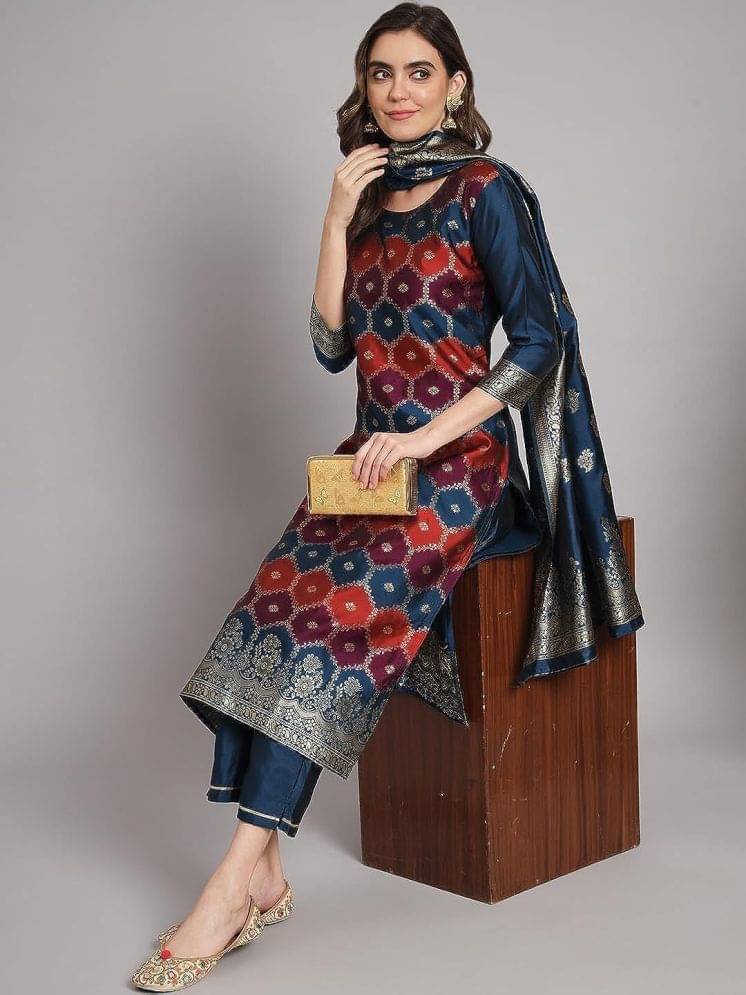 VredeVogel Cotton Silk Self Design Kurti With Pants Women's Stitched Salwar Suit - Blue ( Pack of 1 ) VredeVogel Cotton Silk Self Design Kurti With Pants Women's Stitched Salwar Suit - Blue ( Pack of 1 )