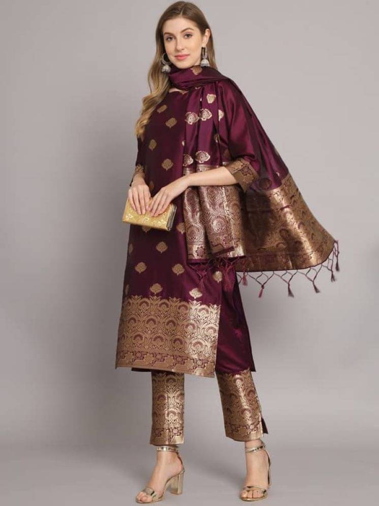 VredeVogel Cotton Silk Self Design Kurti With Pants Women's Stitched Salwar Suit - Purple ( Pack of 1 )     			VredeVogel Cotton Silk Self Design Kurti With Pants Women's Stitched Salwar Suit - Purple ( Pack of 1 )
