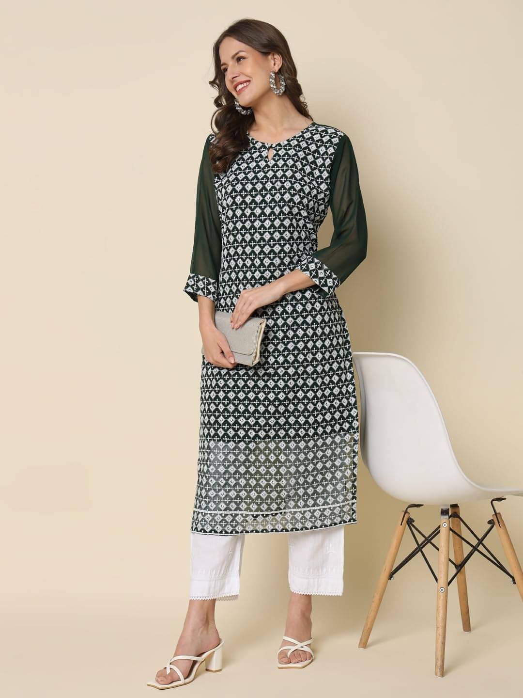 VredeVogel Georgette Embroidered Kurti With Pants Women's Stitched Salwar Suit - Green ( Pack of 1 ) VredeVogel Georgette Embroidered Kurti With Pants Women's Stitched Salwar Suit - Green ( Pack of 1 )