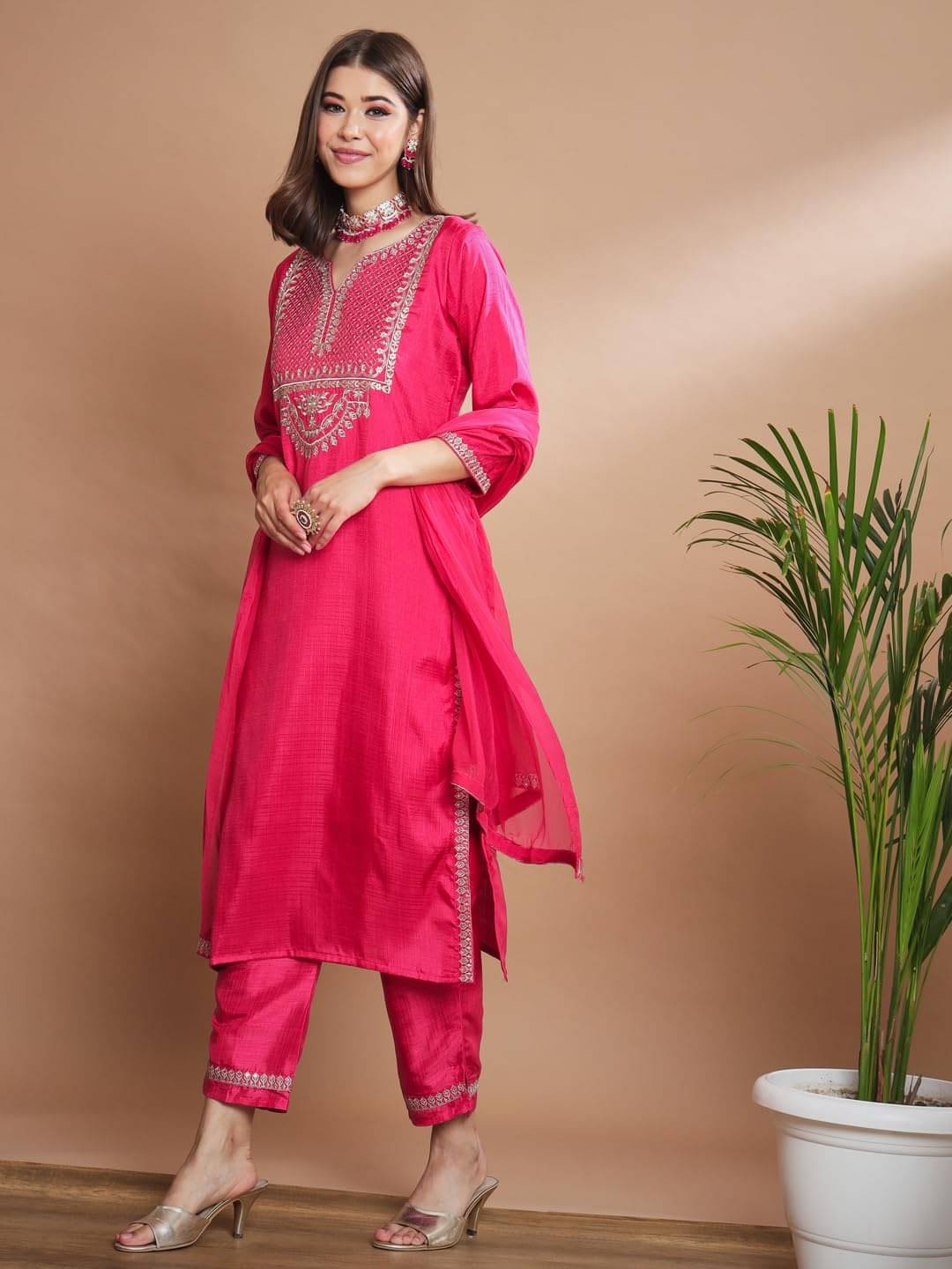 VredeVogel Silk Blend Embroidered Kurti With Pants Women's Stitched Salwar Suit - Pink ( Pack of 1 ) VredeVogel Silk Blend Embroidered Kurti With Pants Women's Stitched Salwar Suit - Pink ( Pack of 1 )