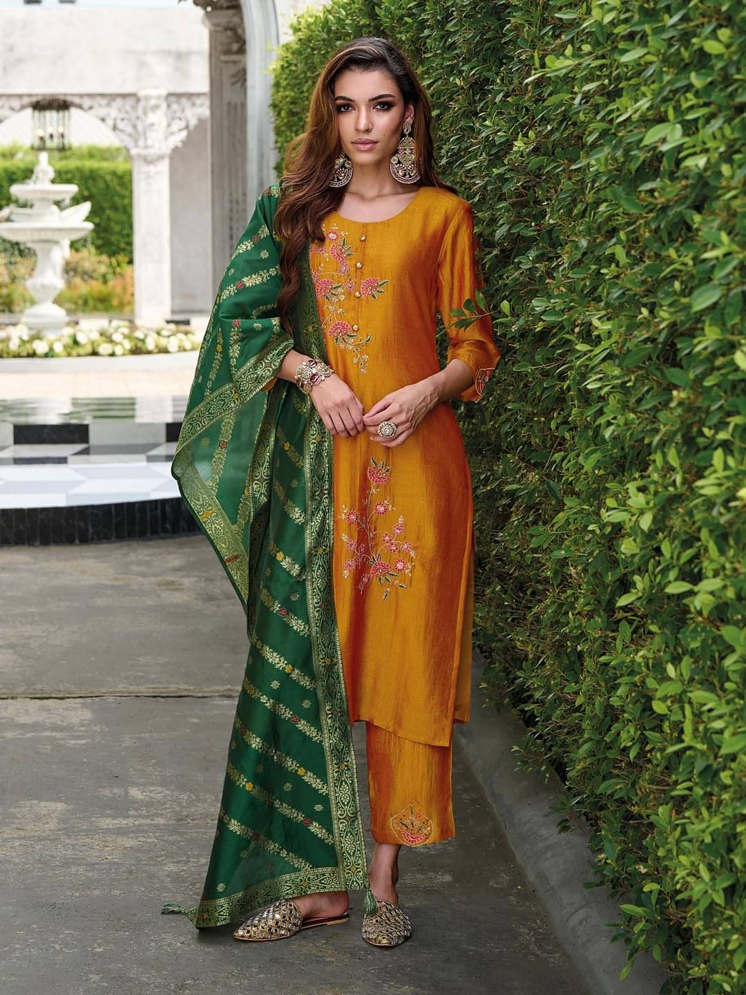     			VredeVogel Silk Blend Embroidered Kurti With Pants Women's Stitched Salwar Suit - Yellow ( Pack of 1 )