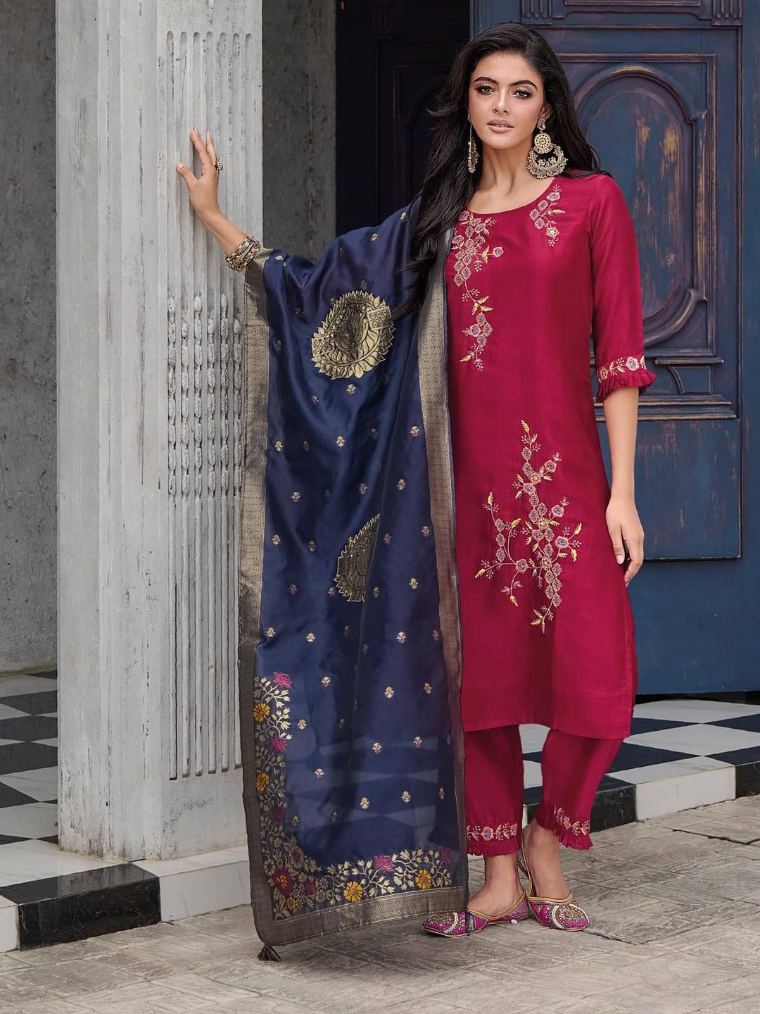 VredeVogel Silk Blend Embroidered Kurti With Pants Women's Stitched Salwar Suit - Red ( Pack of 1 ) VredeVogel Silk Blend Embroidered Kurti With Pants Women's Stitched Salwar Suit - Red ( Pack of 1 )