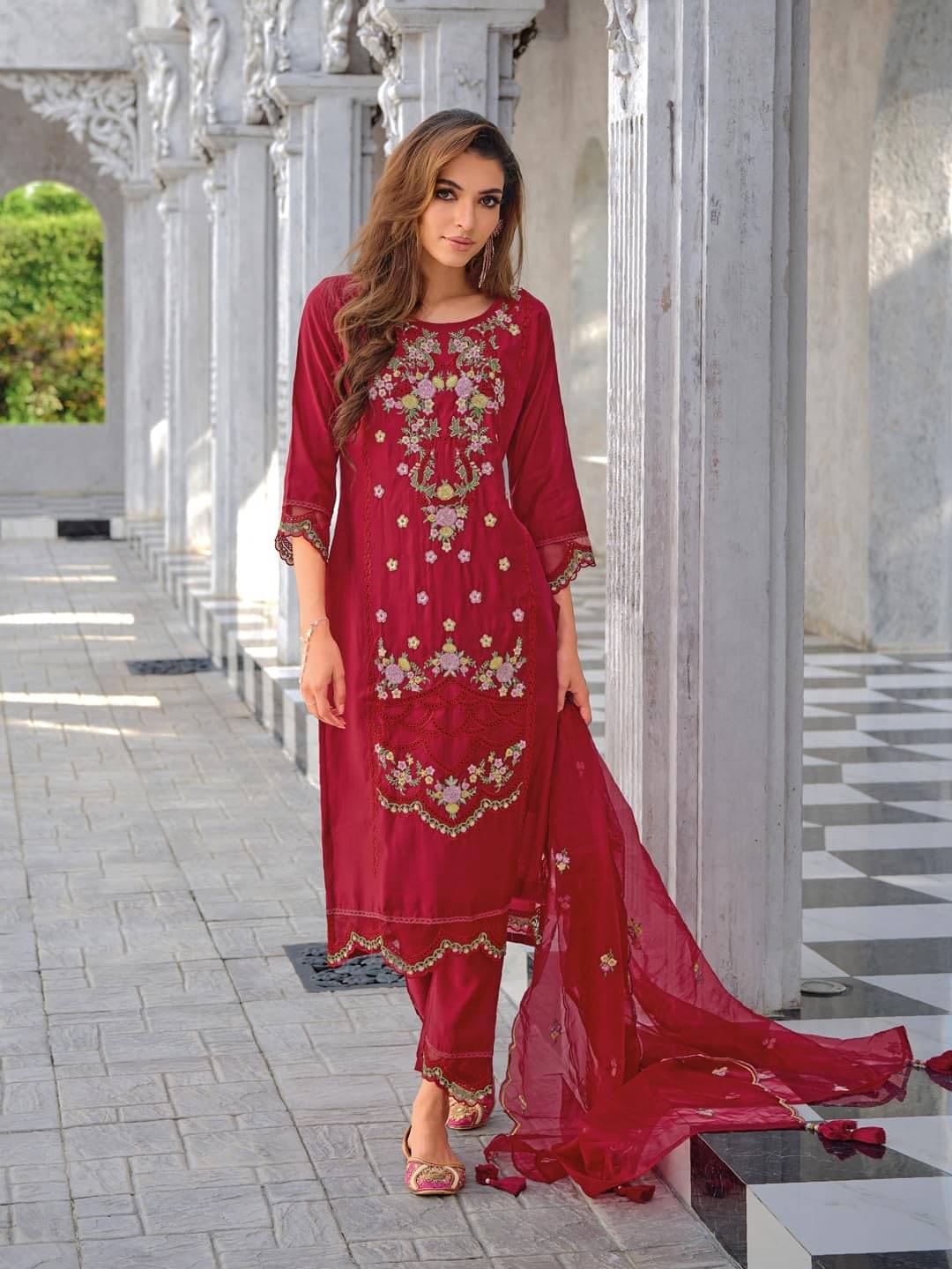 VredeVogel Silk Blend Embroidered Kurti With Pants Women's Stitched Salwar Suit - Red ( Pack of 1 )     			VredeVogel Silk Blend Embroidered Kurti With Pants Women's Stitched Salwar Suit - Red ( Pack of 1 )