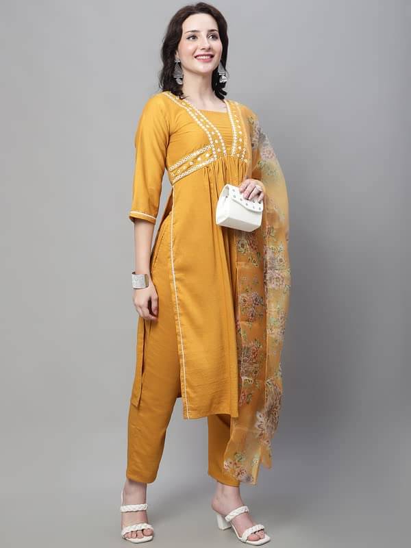     			VredeVogel Silk Blend Embroidered Kurti With Pants Women's Stitched Salwar Suit - Yellow ( Pack of 1 )