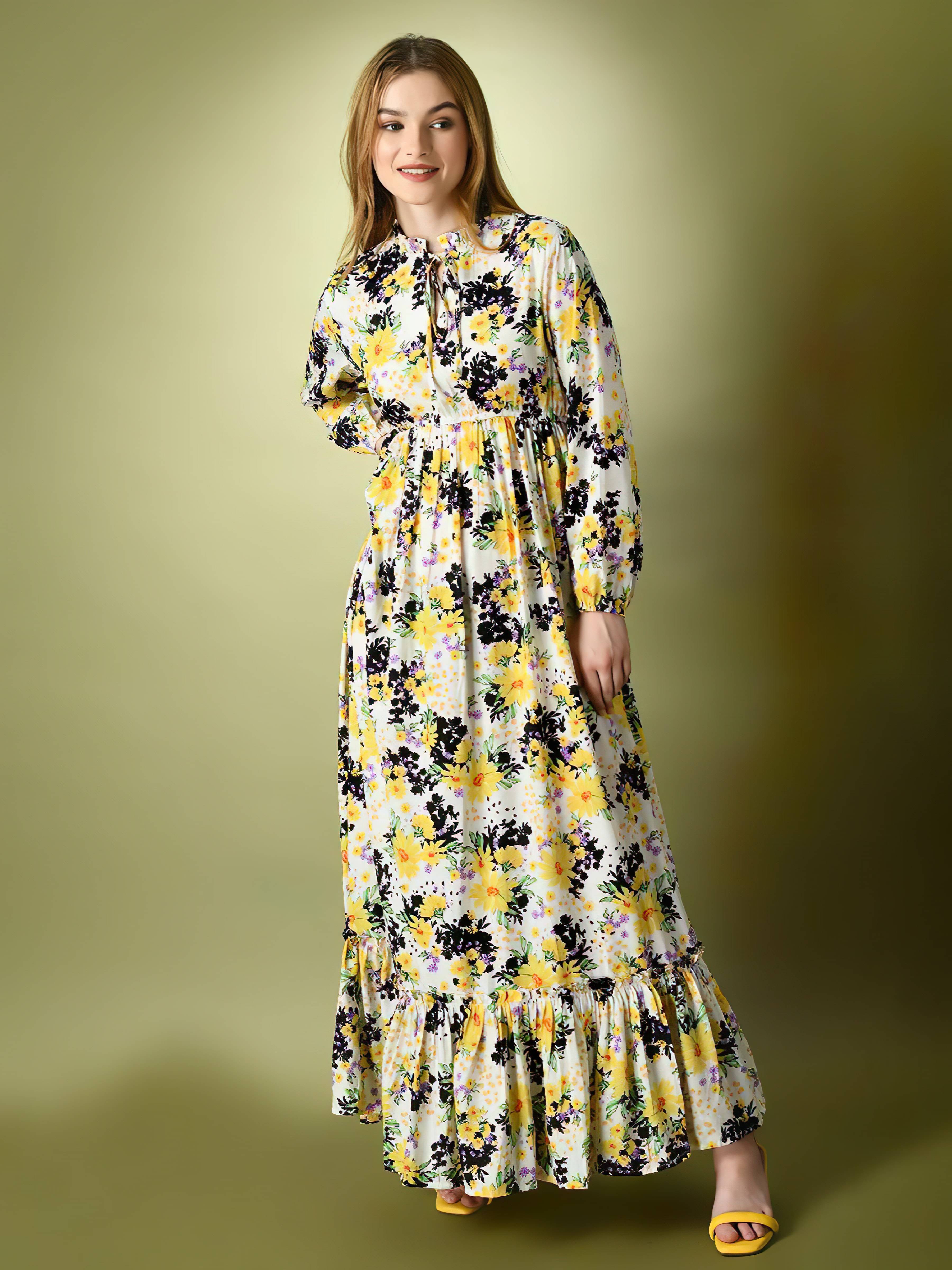 ZWERLON Crepe Printed Full Length Women's Fit & Flare Dress - White ( Pack of 1 )     			ZWERLON Crepe Printed Full Length Women's Fit & Flare Dress - White ( Pack of 1 )