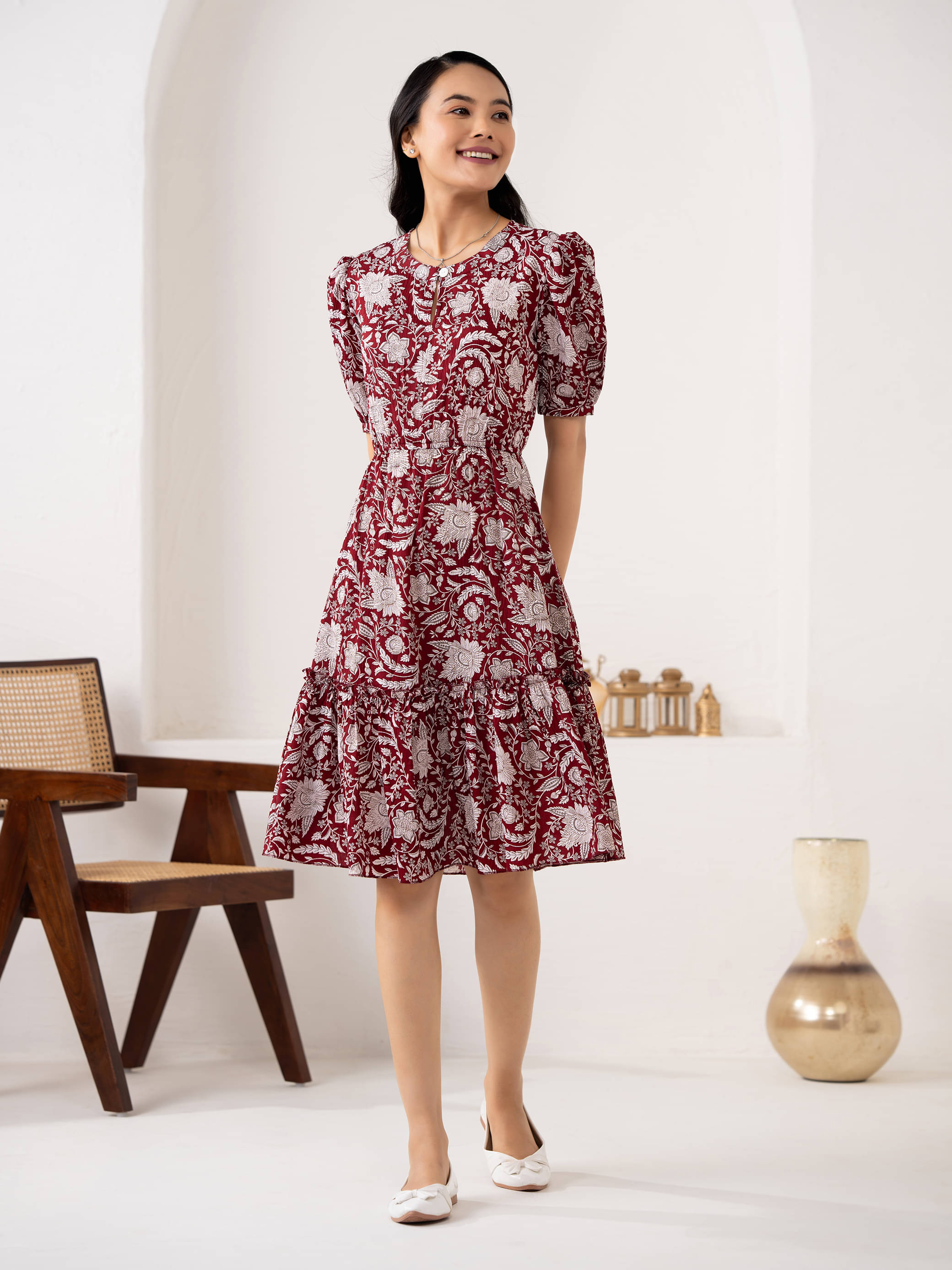 aask Women Crepe Printed Fit & Flare Dress ( Maroon ) aask Women Crepe Printed Fit & Flare Dress ( Maroon )