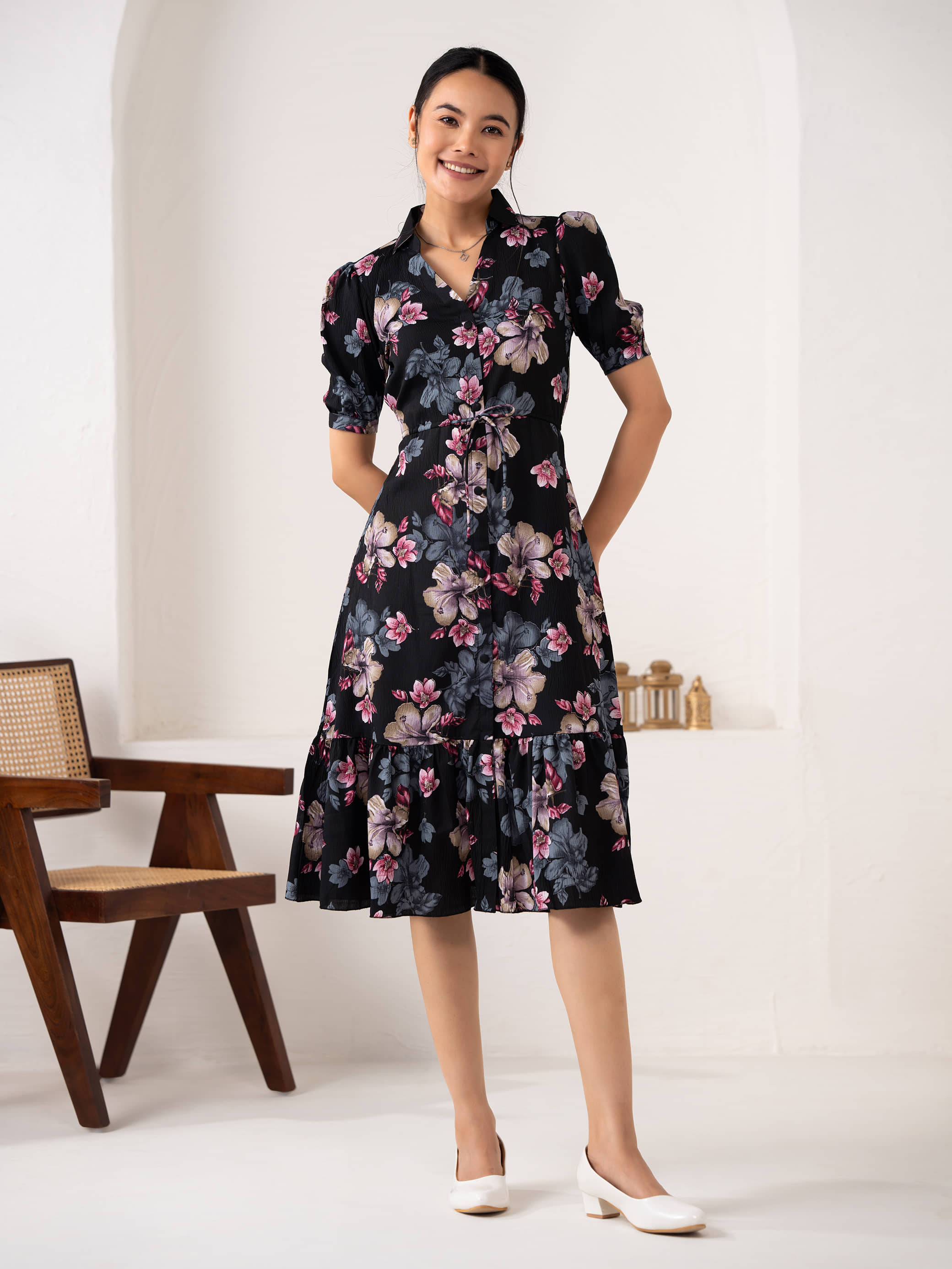 aask Women Crepe Printed Fit & Flare Dress ( Black )