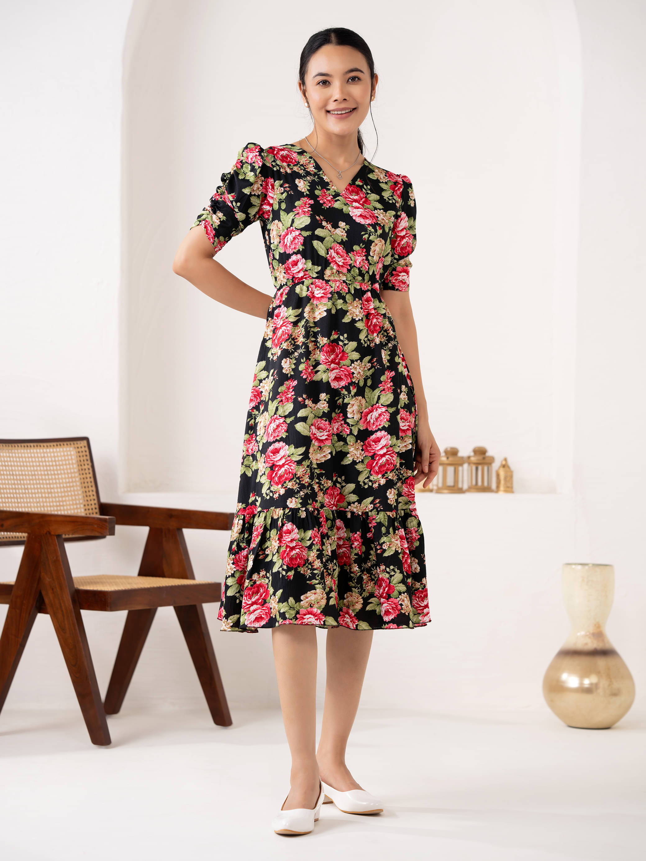 aask Women Crepe Printed Fit & Flare Dress ( Black ) aask Women Crepe Printed Fit & Flare Dress ( Black )