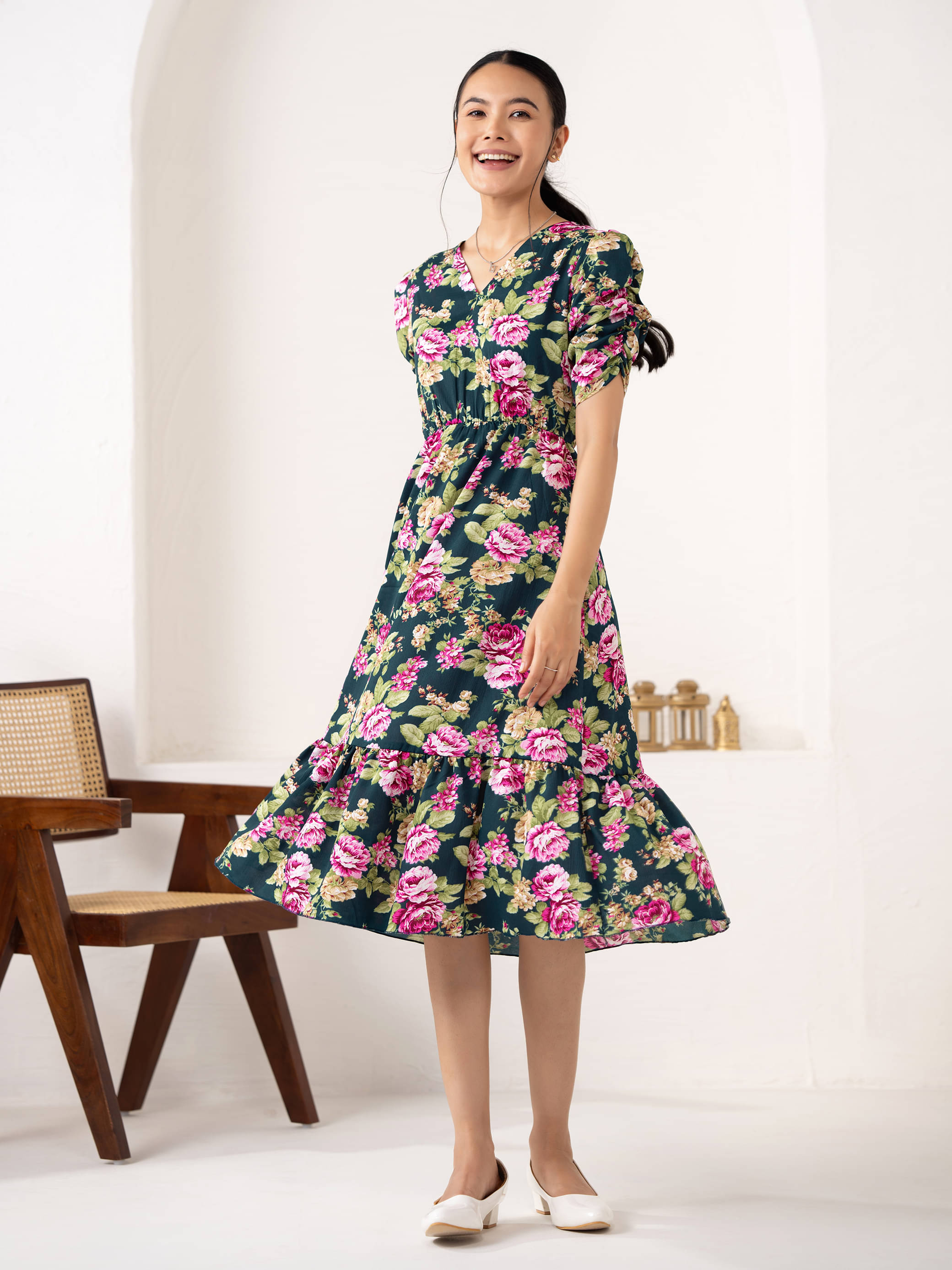 aask Women Crepe Printed Fit & Flare Dress ( Green ) aask Women Crepe Printed Fit & Flare Dress ( Green )