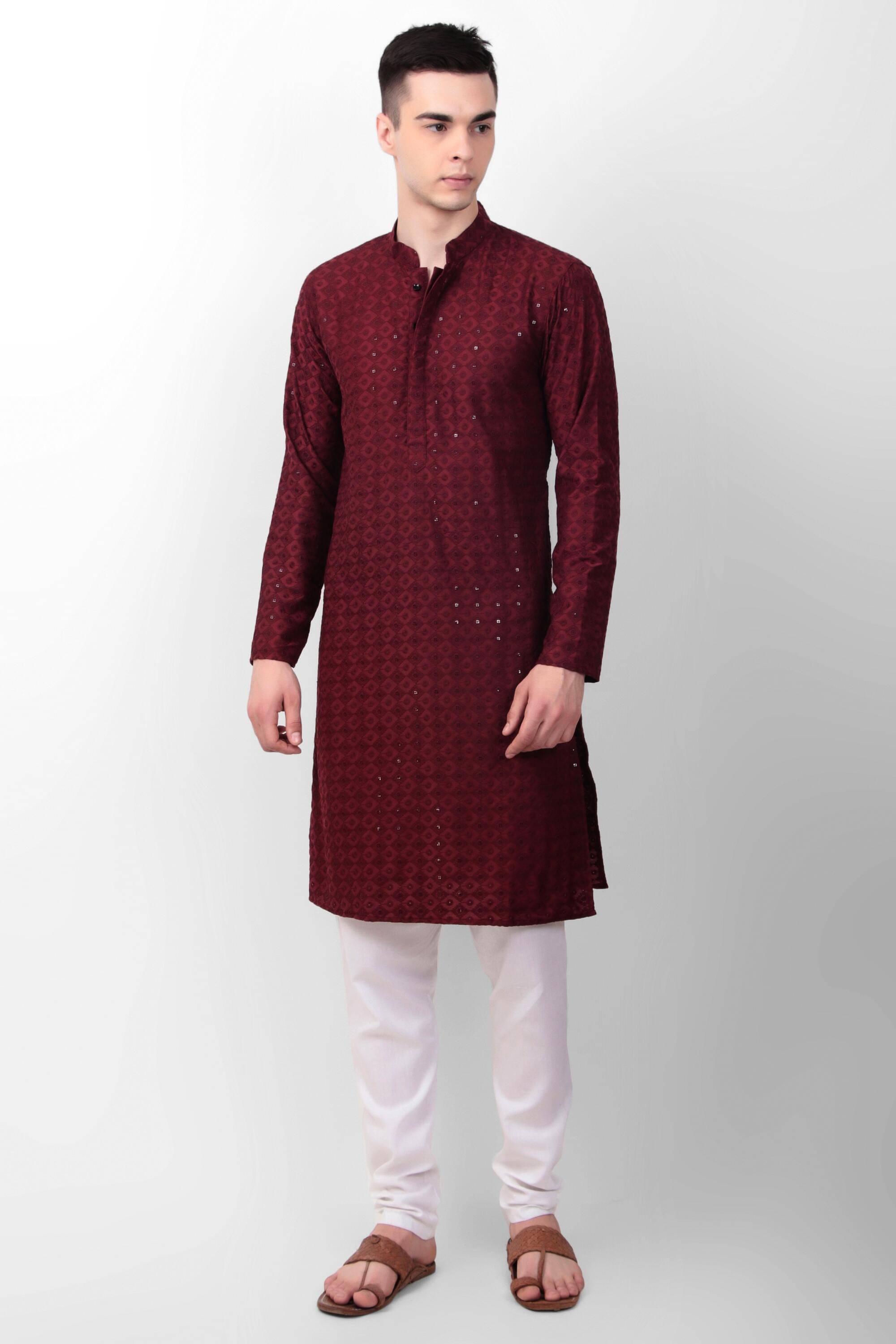koshin Maroon Silk Men's Regular Kurta ( Pack of 1 )     			koshin Maroon Silk Men's Regular Kurta ( Pack of 1 )