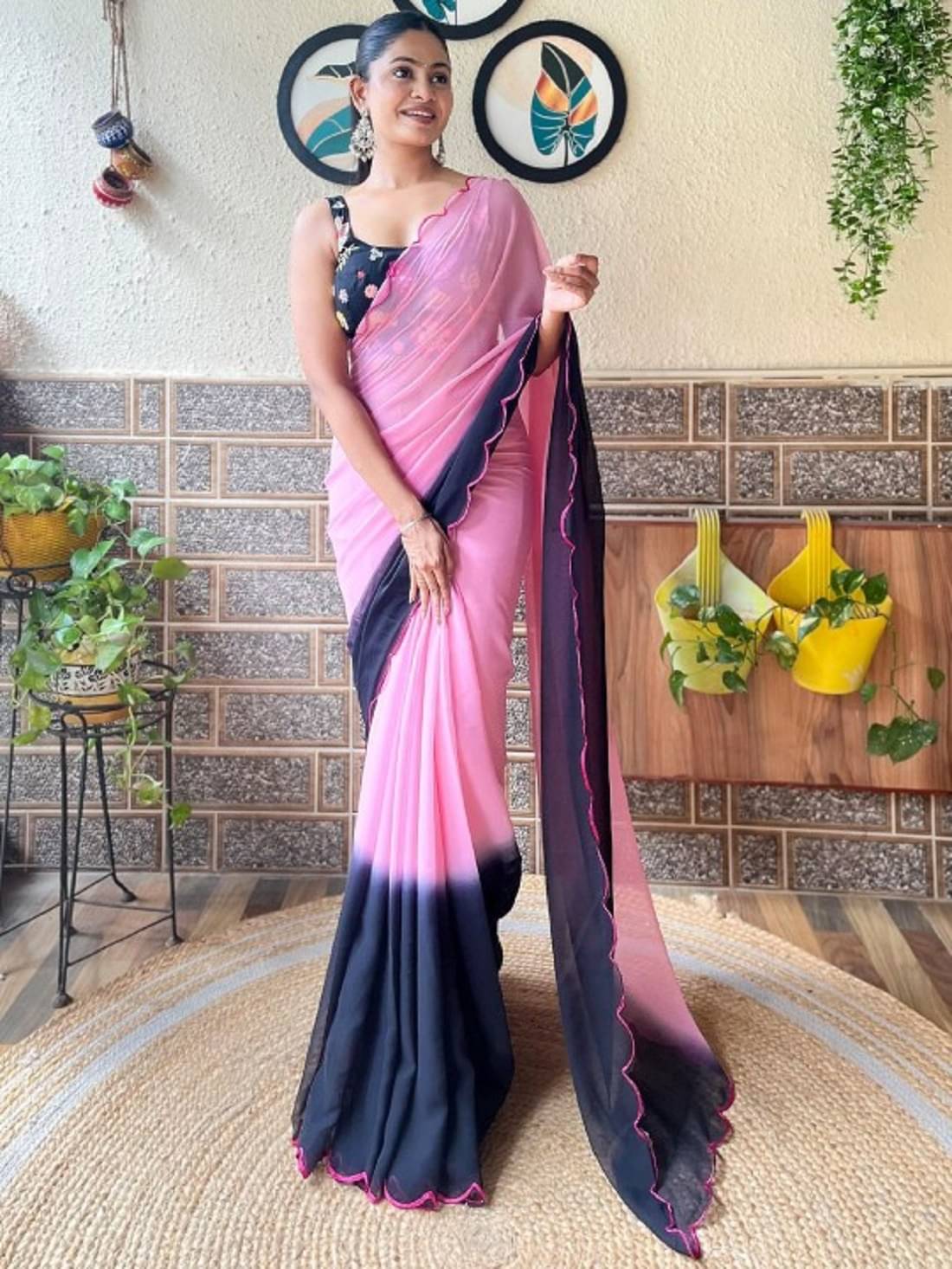 Aika Georgette Solid Saree With Unstitched Blouse Piece ( Peach ) Aika Georgette Solid Saree With Unstitched Blouse Piece ( Peach )