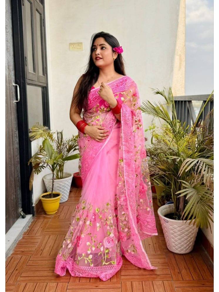     			Arkia Net Self Design Saree With Unstitched Blouse Piece ( Pink )