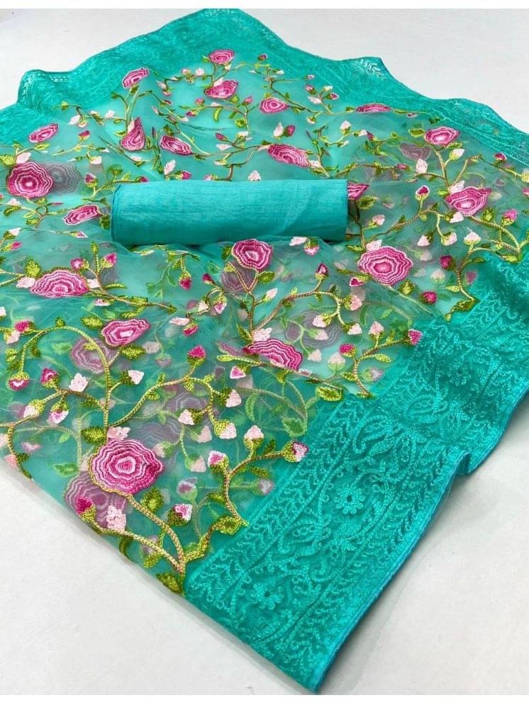 Arkia Net Self Design Saree With Unstitched Blouse Piece ( Turquoise ) Arkia Net Self Design Saree With Unstitched Blouse Piece ( Turquoise )