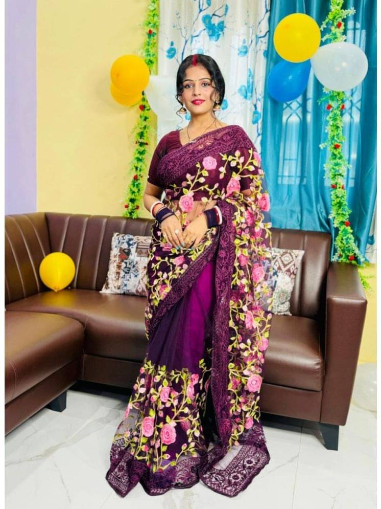     			Arkia Net Self Design Saree With Unstitched Blouse Piece ( Purple )