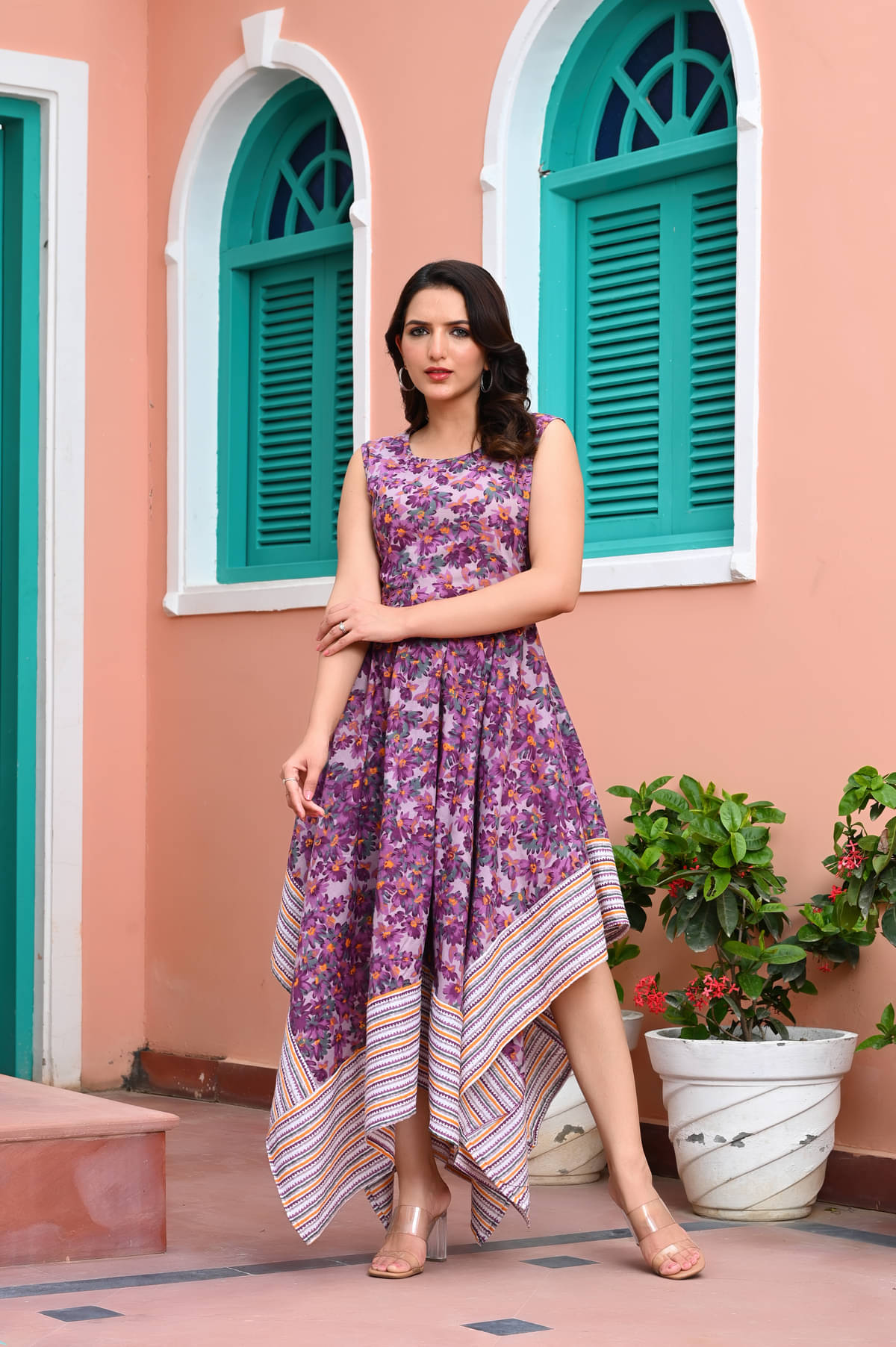     			Frionkandy Women Cotton Printed Asymmetric Dress ( Mauve )