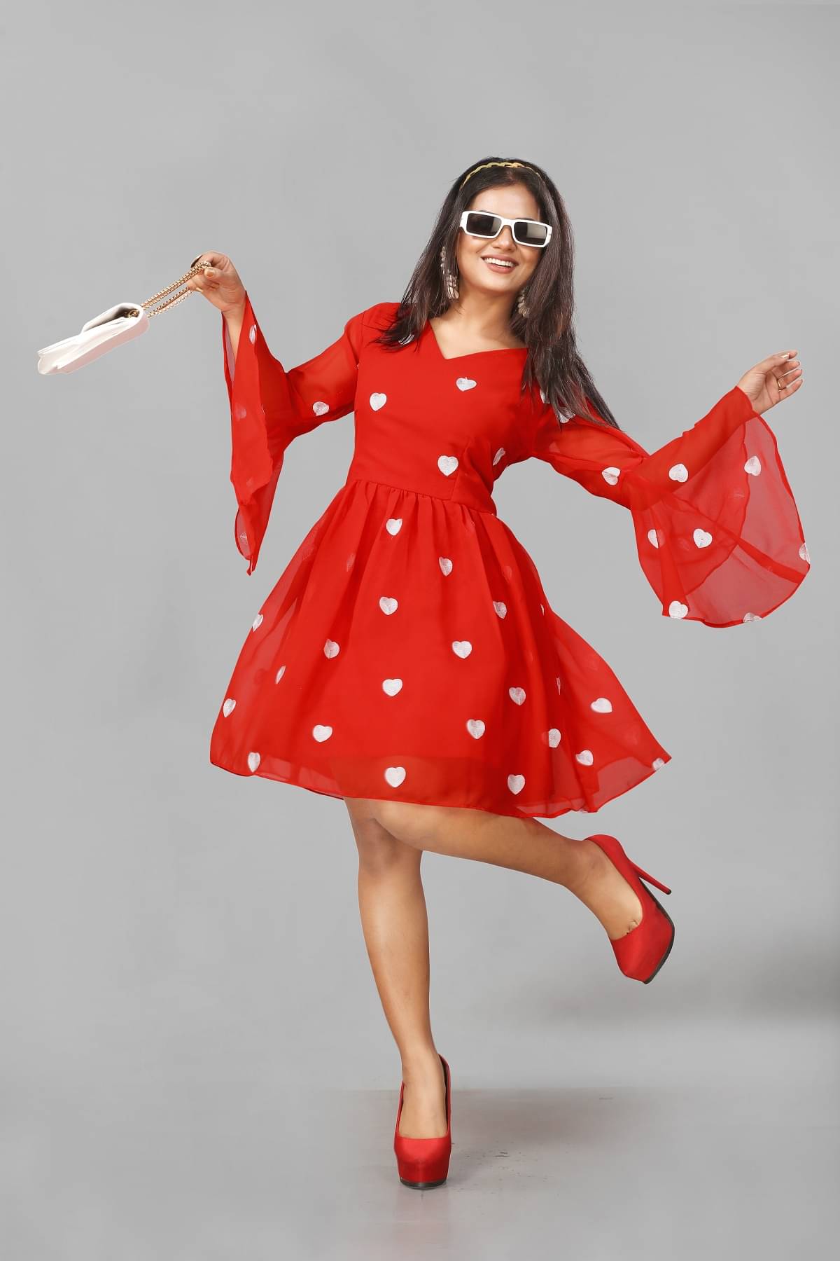 JULEE Women Georgette Printed Fit & Flare Dress ( Red ) JULEE Women Georgette Printed Fit & Flare Dress ( Red )
