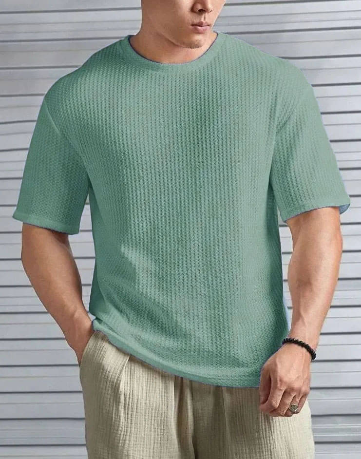     			KAJARU Men Cotton Blend Regular Fit Popcorn Textured T-Shirt ( Olive )