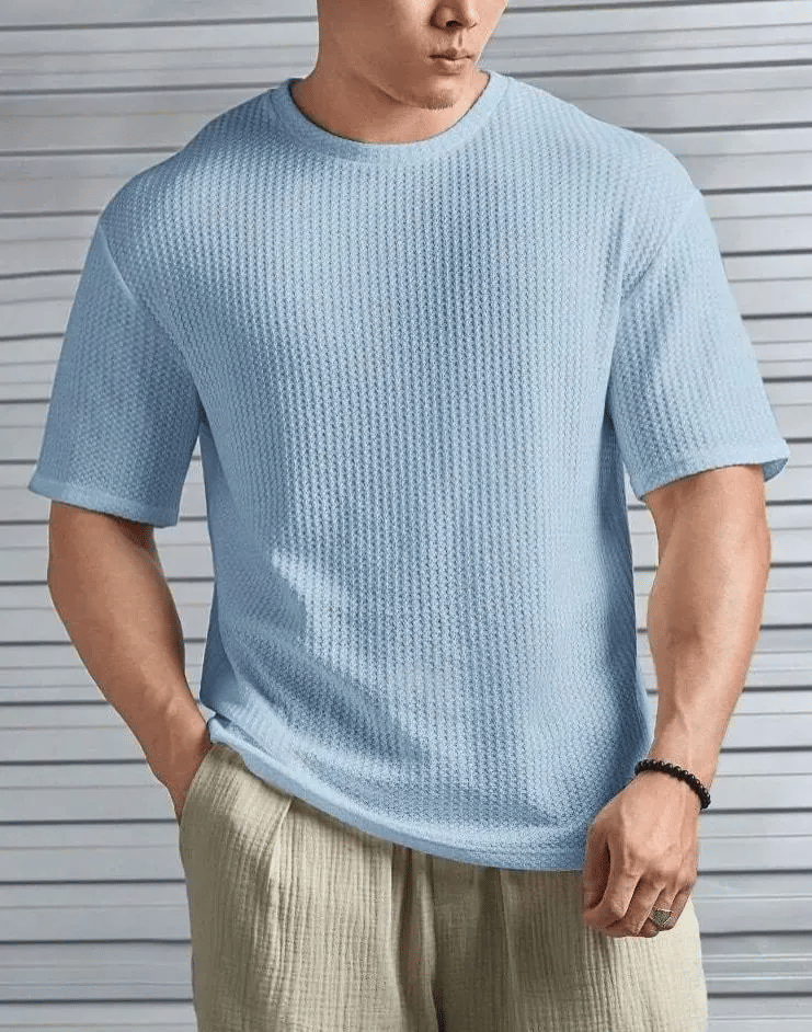     			KAJARU Men Cotton Blend Regular Fit Popcorn Textured T-Shirt ( Sky Blue )