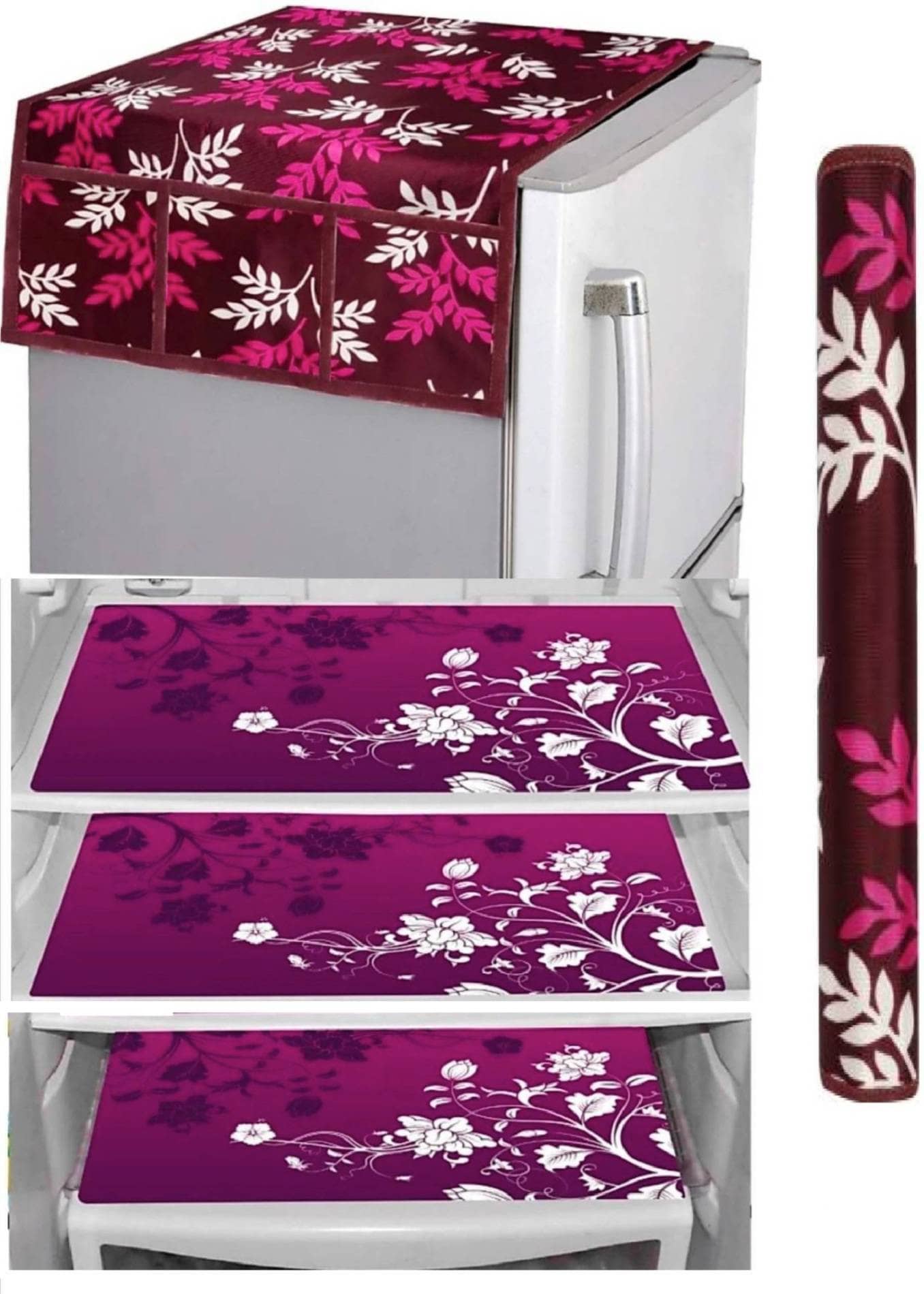 Laphino Polyester Floral Fridge Covers ( 93 53 ) Pack of 5 - Pink