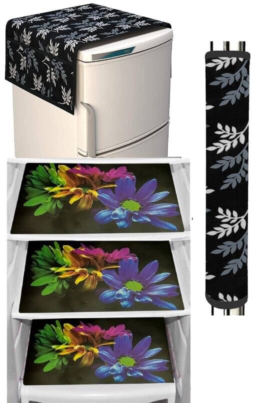     			Laphino Polyester Floral Fridge Mat & Cover ( 93 53 ) Pack of 5 - Black
