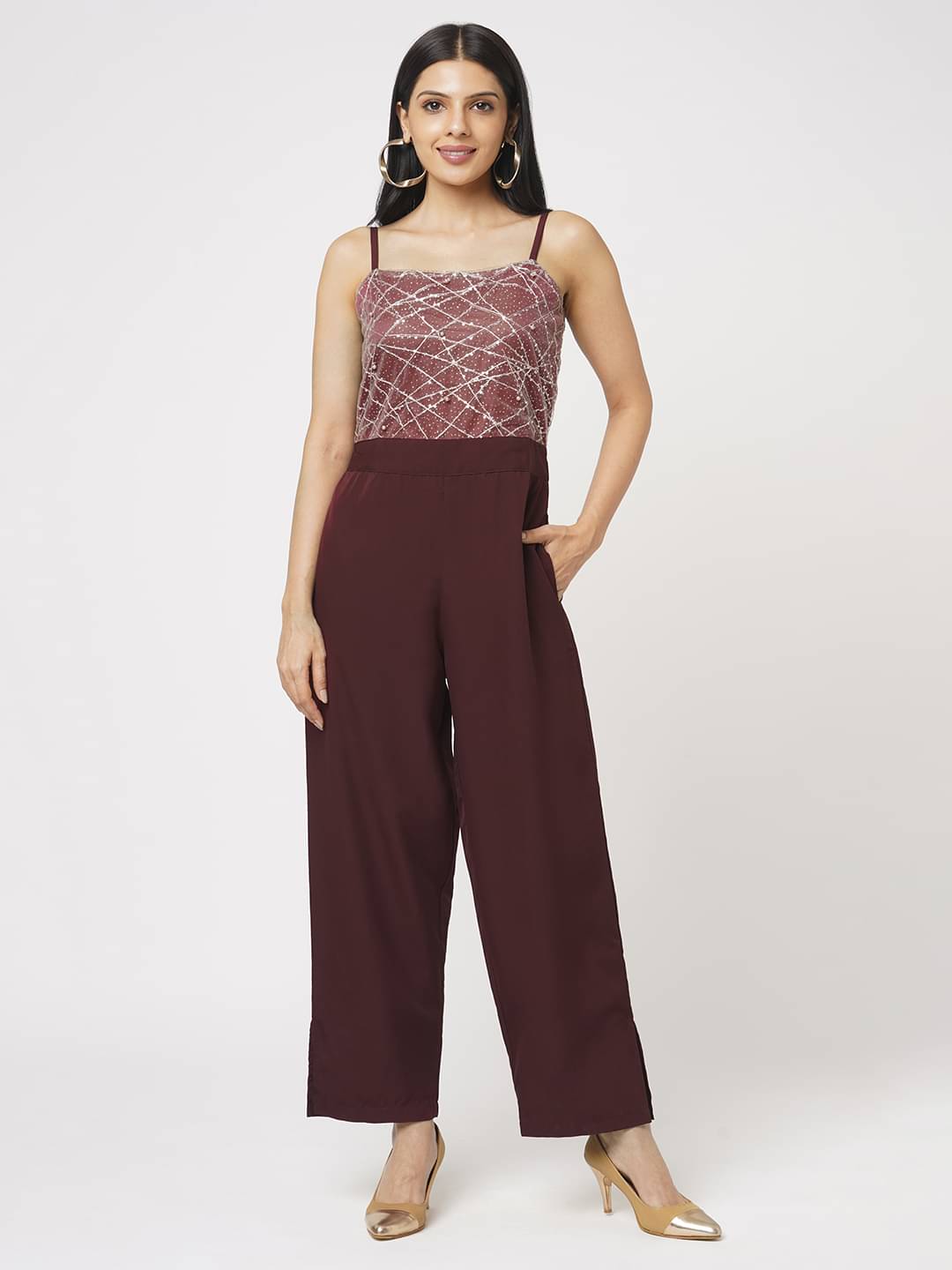 Leean Patterns Wine Polyester Regular Fit Women's Jumpsuit ( Pack of 1 ) Leean Patterns Wine Polyester Regular Fit Women's Jumpsuit ( Pack of 1 )