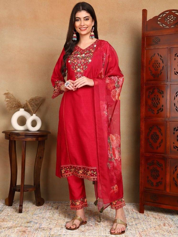 Vaamsi Women Silk Blend Embroidered Straight Kurti With Pants ( Pink )     			Vaamsi Women Silk Blend Embroidered Straight Kurti With Pants ( Pink )