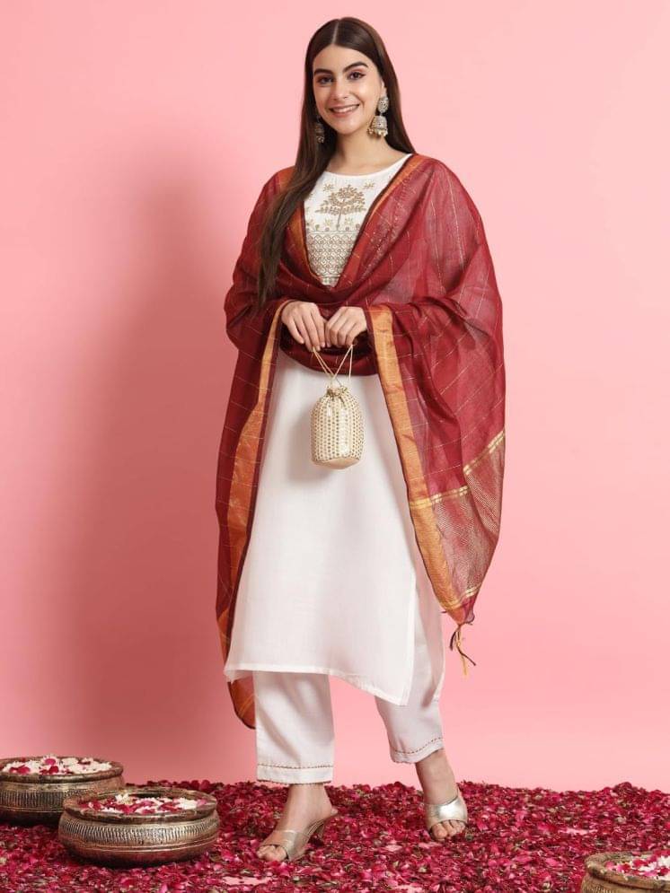 VredeVogel Cotton Blend Embroidered Kurti With Pants Women's Stitched Salwar Suit - White ( Pack of 1 ) VredeVogel Cotton Blend Embroidered Kurti With Pants Women's Stitched Salwar Suit - White ( Pack of 1 )