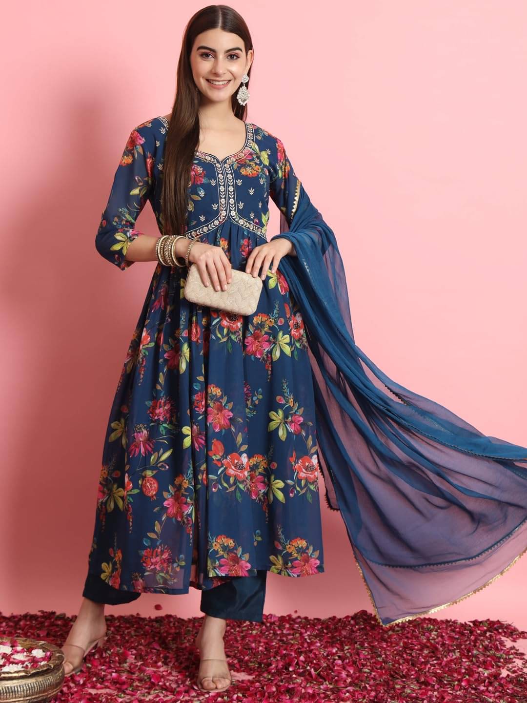 VredeVogel Georgette Embroidered Kurti With Pants Women's Stitched Salwar Suit - Blue ( Pack of 1 ) VredeVogel Georgette Embroidered Kurti With Pants Women's Stitched Salwar Suit - Blue ( Pack of 1 )