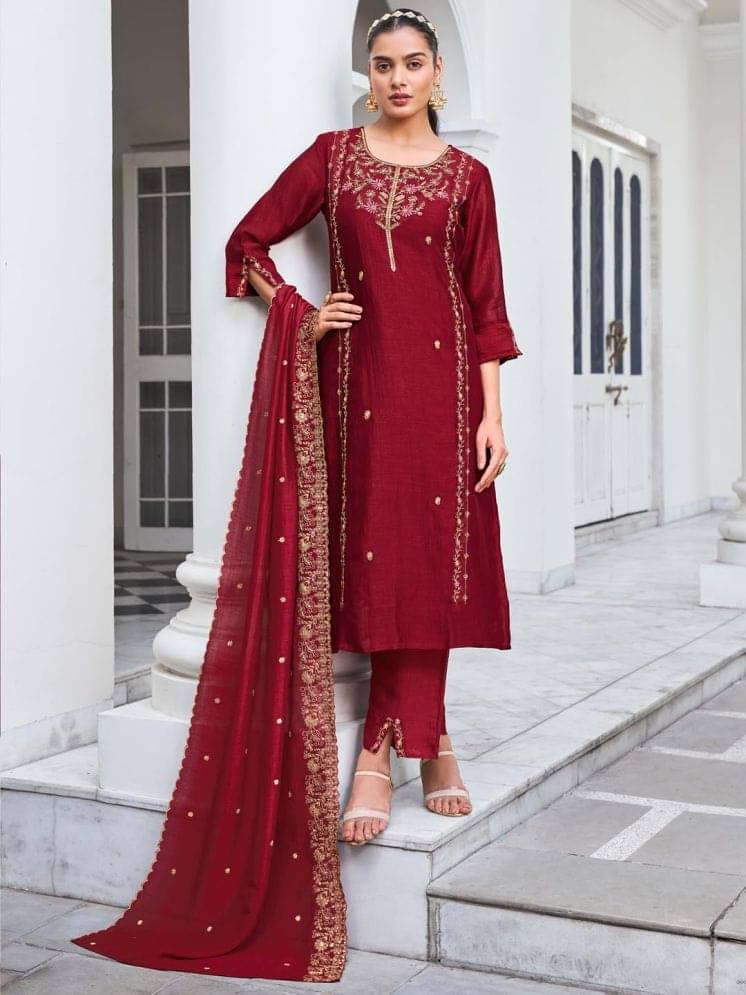     			VredeVogel Silk Blend Embroidered Kurti With Pants Women's Stitched Salwar Suit - Maroon ( Pack of 1 )
