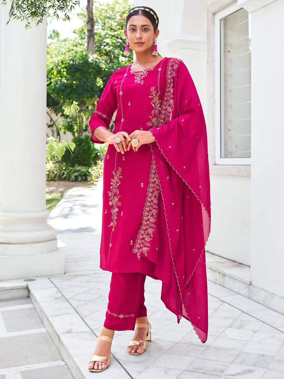 VredeVogel Silk Blend Embroidered Kurti With Pants Women's Stitched Salwar Suit - Pink ( Pack of 1 ) VredeVogel Silk Blend Embroidered Kurti With Pants Women's Stitched Salwar Suit - Pink ( Pack of 1 )