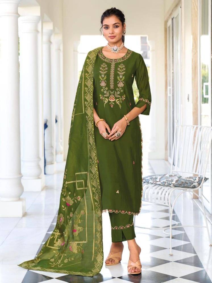     			VredeVogel Viscose Embroidered Kurti With Pants Women's Stitched Salwar Suit - Green ( Pack of 1 )