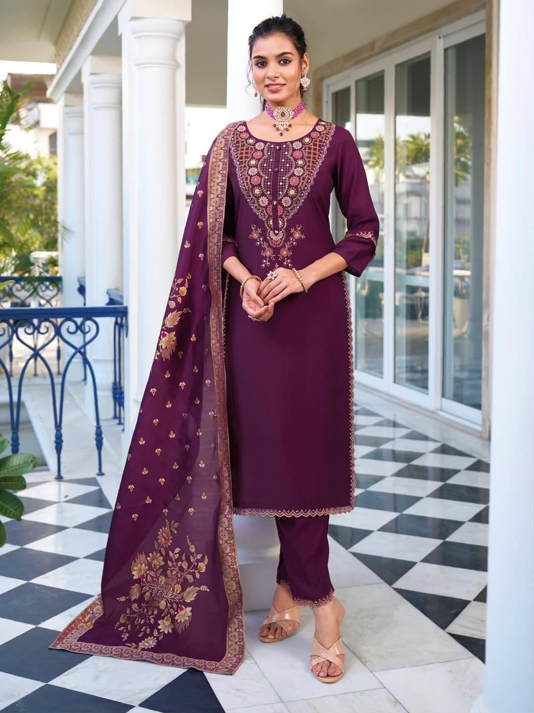     			VredeVogel Viscose Embroidered Kurti With Pants Women's Stitched Salwar Suit - Purple ( Pack of 1 )