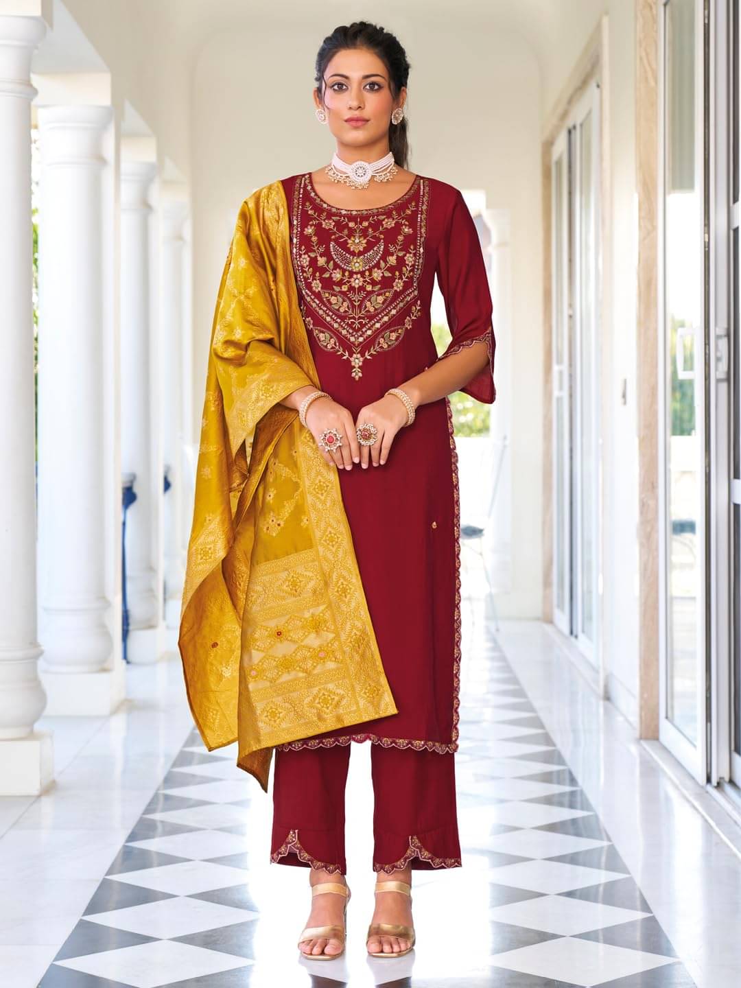 VredeVogel Viscose Embroidered Kurti With Pants Women's Stitched Salwar Suit - Maroon ( Pack of 1 ) VredeVogel Viscose Embroidered Kurti With Pants Women's Stitched Salwar Suit - Maroon ( Pack of 1 )
