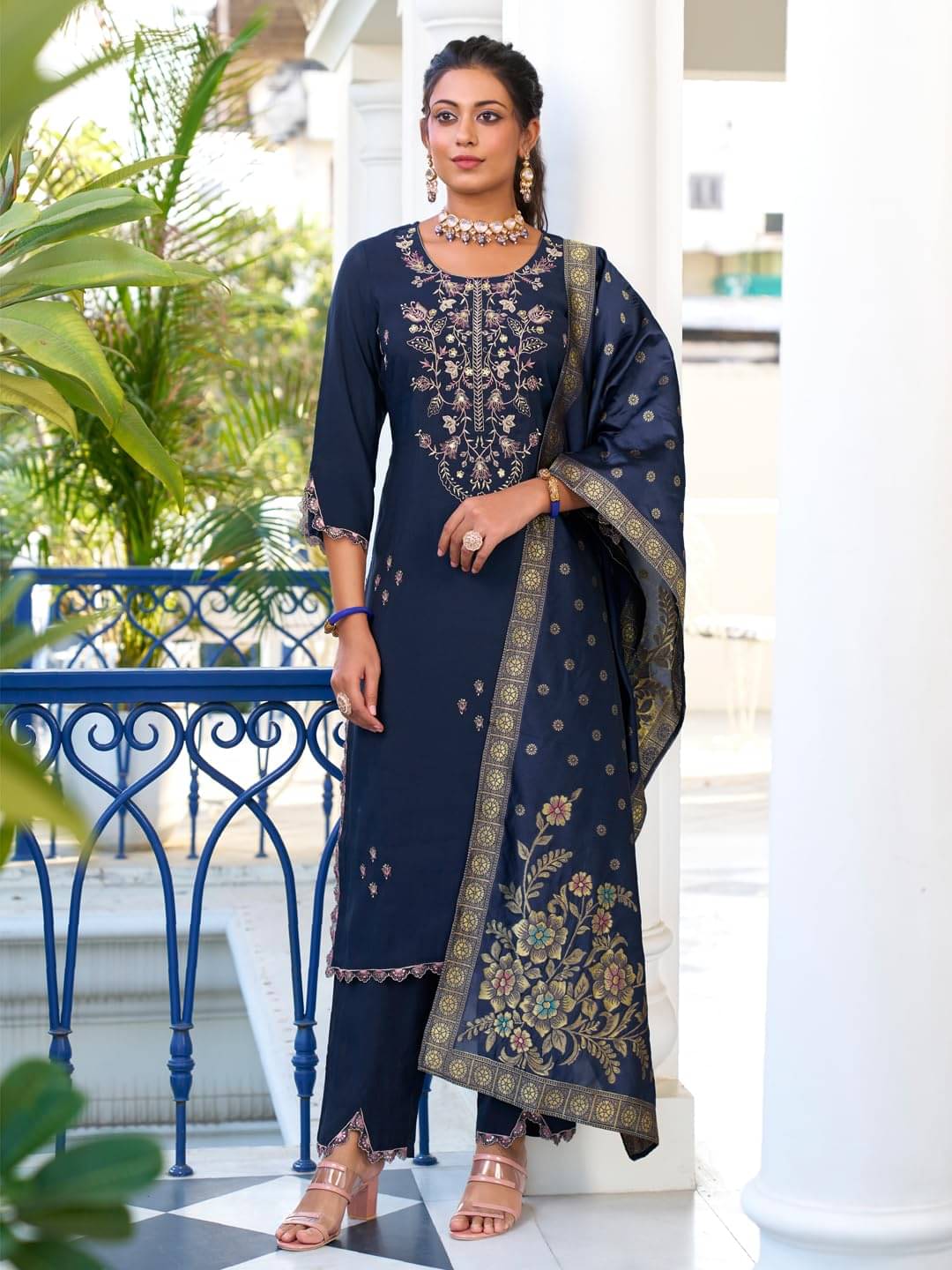 VredeVogel Viscose Embroidered Kurti With Pants Women's Stitched Salwar Suit - Blue ( Pack of 1 ) VredeVogel Viscose Embroidered Kurti With Pants Women's Stitched Salwar Suit - Blue ( Pack of 1 )