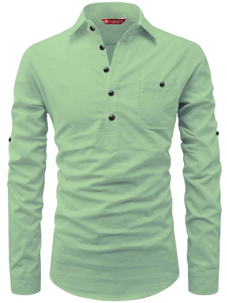 Yugnik Light Green Cotton Men's Shirt Style Kurta ( Pack of 1 )     			Yugnik Light Green Cotton Men's Shirt Style Kurta ( Pack of 1 )