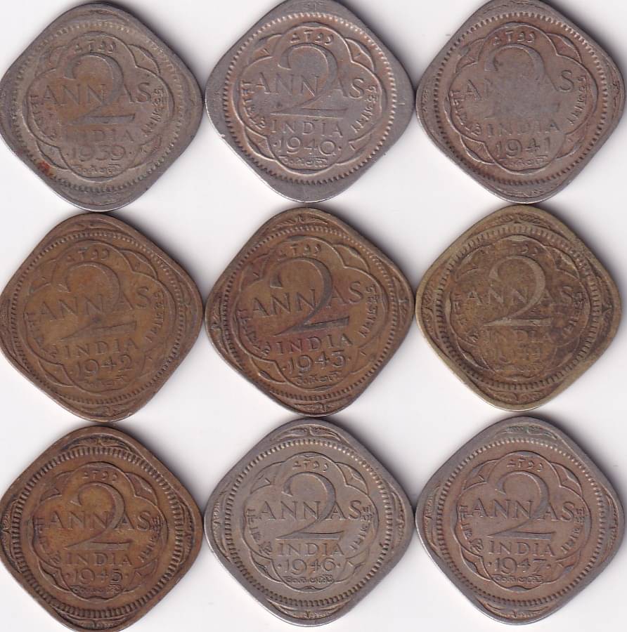 1939 - 1947 COMPLETE GEORGE VI 2 ANNA BRITISH INDIA ( 9 PCS SET) 1939 - 1947 COMPLETE GEORGE VI 2 ANNA BRITISH INDIA ( 9 PCS SET)