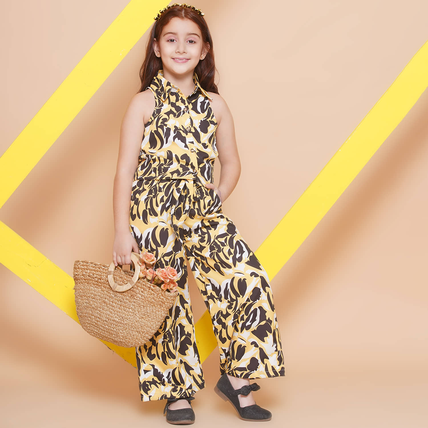 Arshia Fashions Pack of 1 Girls Crepe Top With Palazzo ( Yellow )